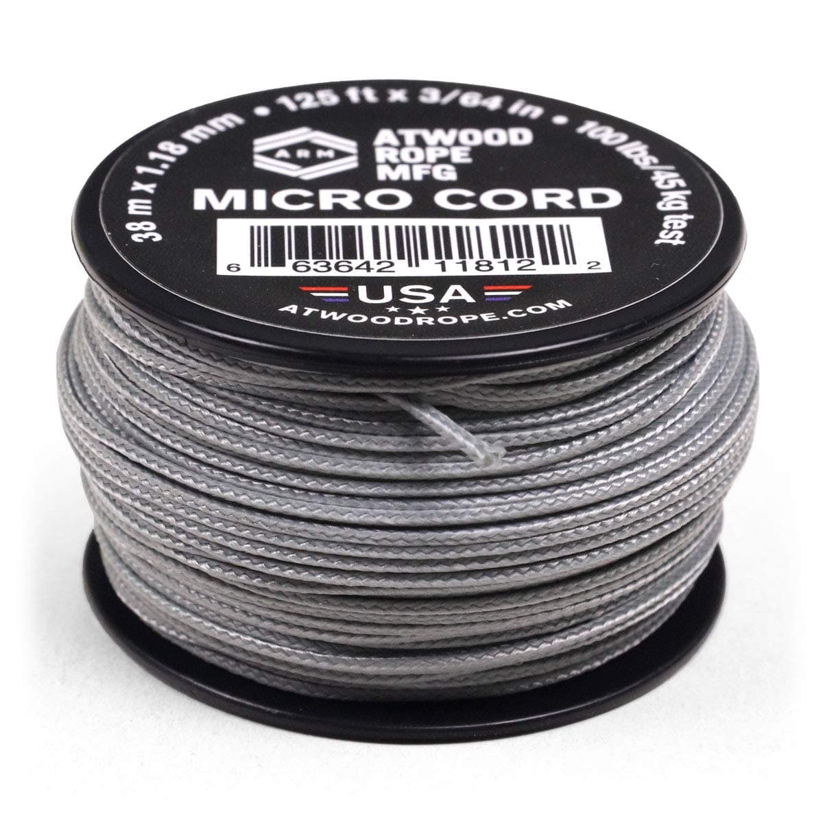 Atwood Rope MFG Tactical Nylon/Polyester Micro Utility Cord 1.18mm X 125ft Reusable Spool | Fishing Gear, Jewelry Making, Camping Accessories (Grey)