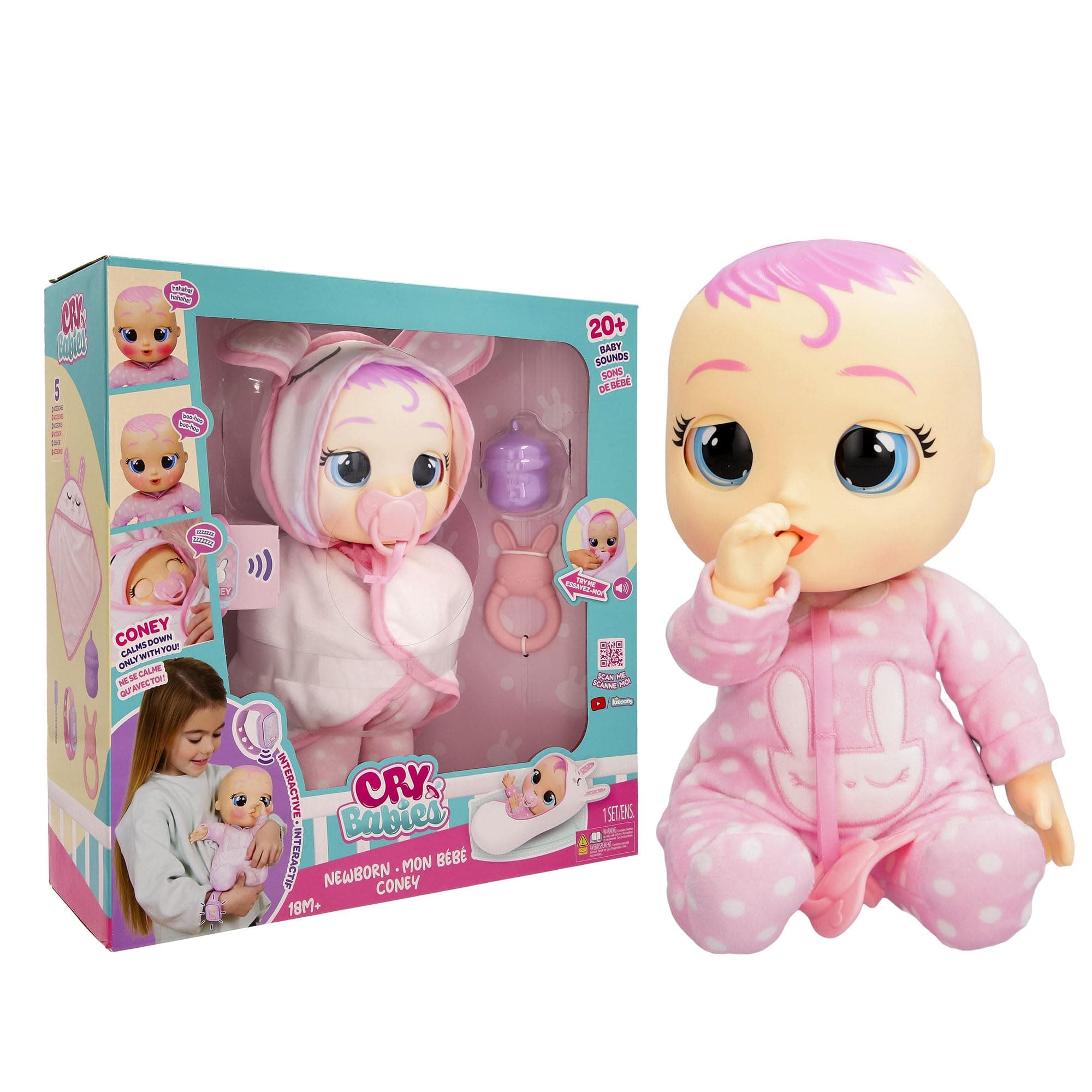 Cry Babies Newborn Coney - Interactive Baby Doll with 20+ Baby Sounds, Girls & Kids Age 18M and Up