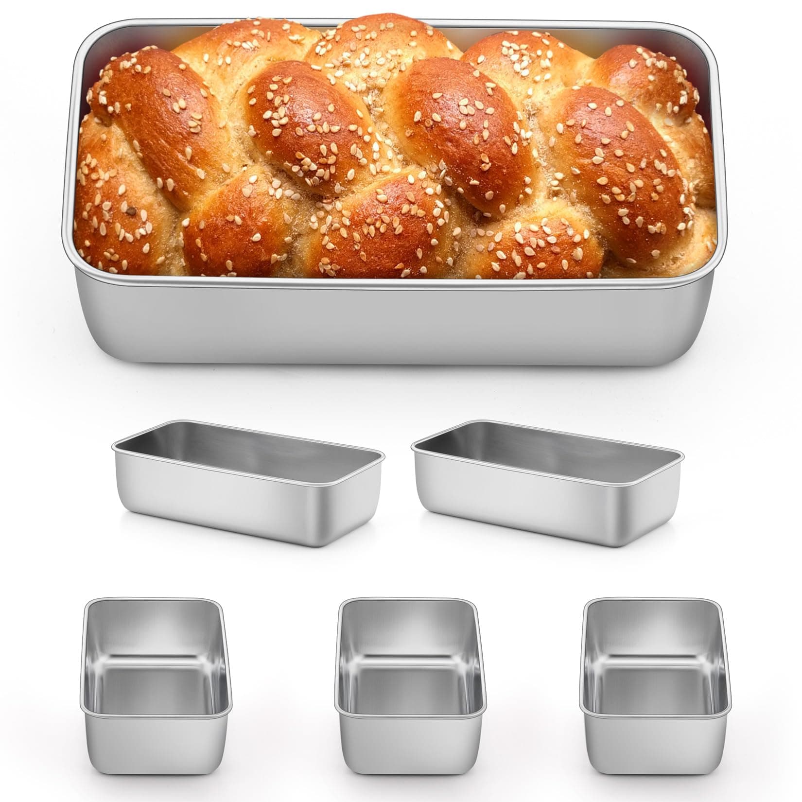 P&P CHEF Loaf Pan Set, 9 x 5 Inch Bread Pans, Stainless Steel Loaf Toast Baking Pans For Bread Meatloaf Lasagna Cake, Healthy & Non Toxic, Oven Safe& Easy Clean, (Silver, 6Pcs)