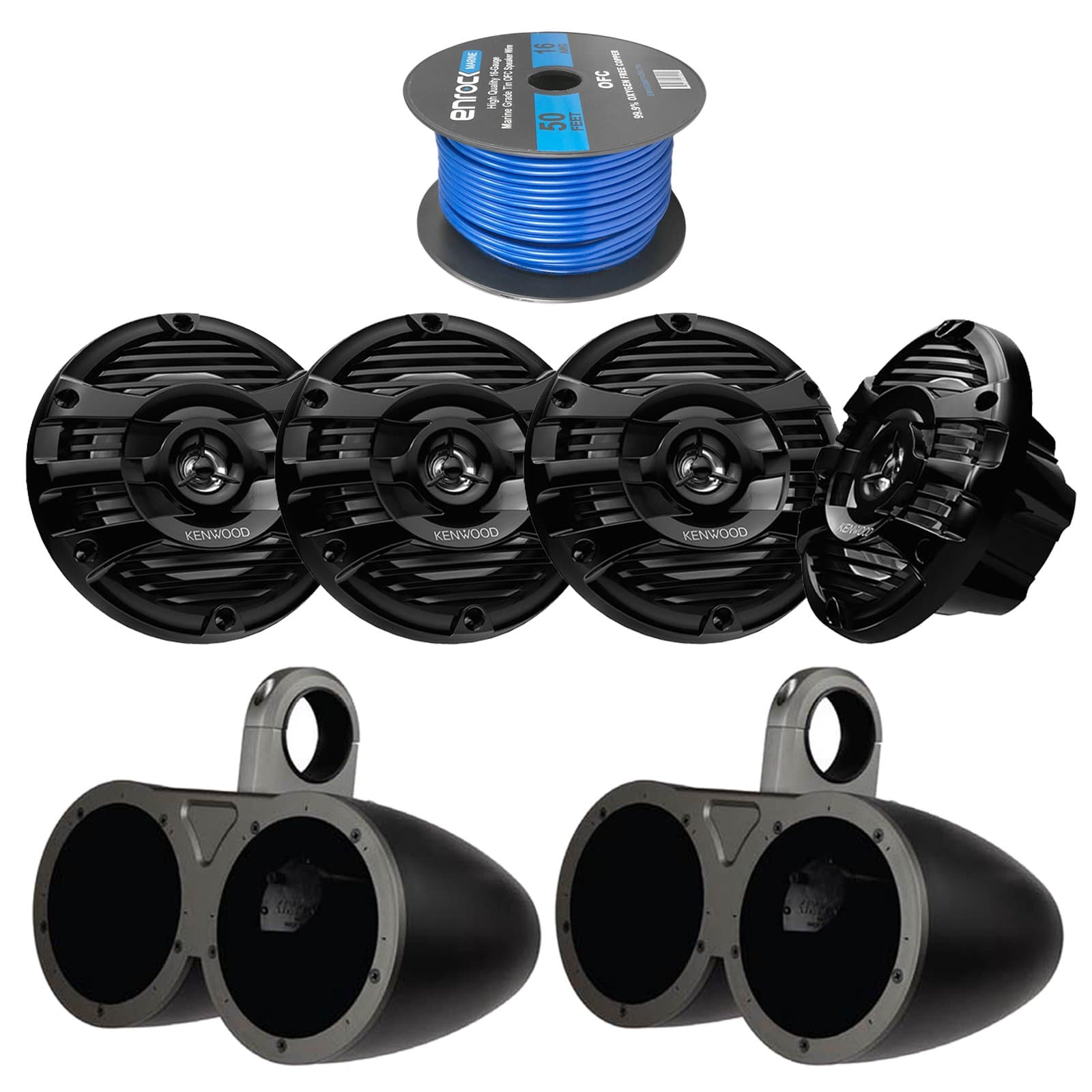 4X Kicker 6.5" Dual Marine Black Weather-Proof Speakers Tower Enclosures, 4X Kenwood 6.5" 2 Way Marine Black 150W Speaker System, Enrock Audio Marine 50 Foot 16-Gauge Speaker Wire