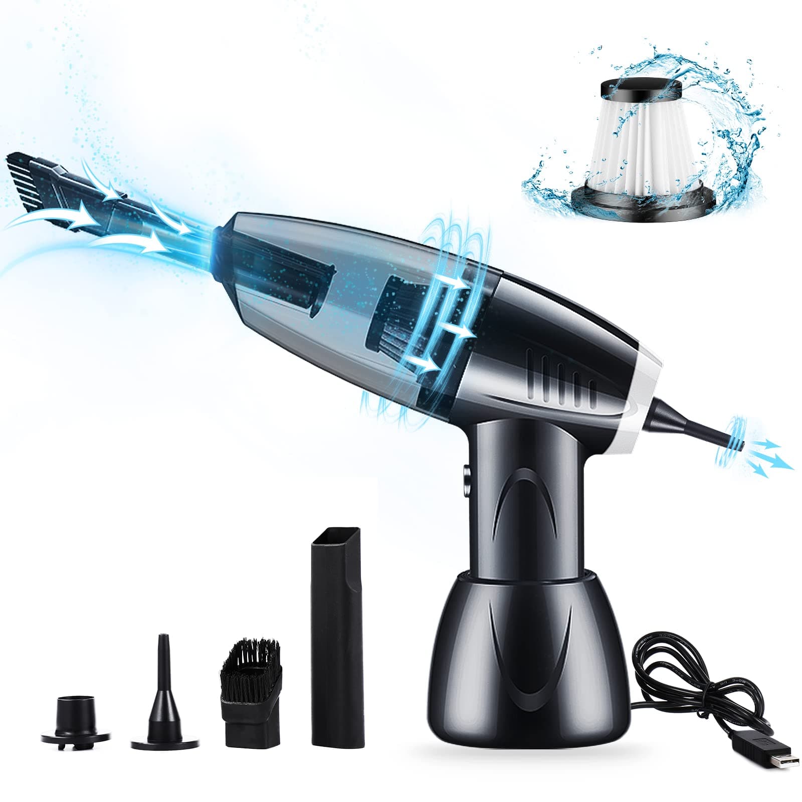 Moyidea Handheld Vacuum, Cordless Hand Vacuum, Car Vacuum Cleaner with 6000PA Powerful Suction, Air Blower and Vacuum Pump 3 in 1 Wet Dry Use, Portable and Rechargeable for Household, Office, Car