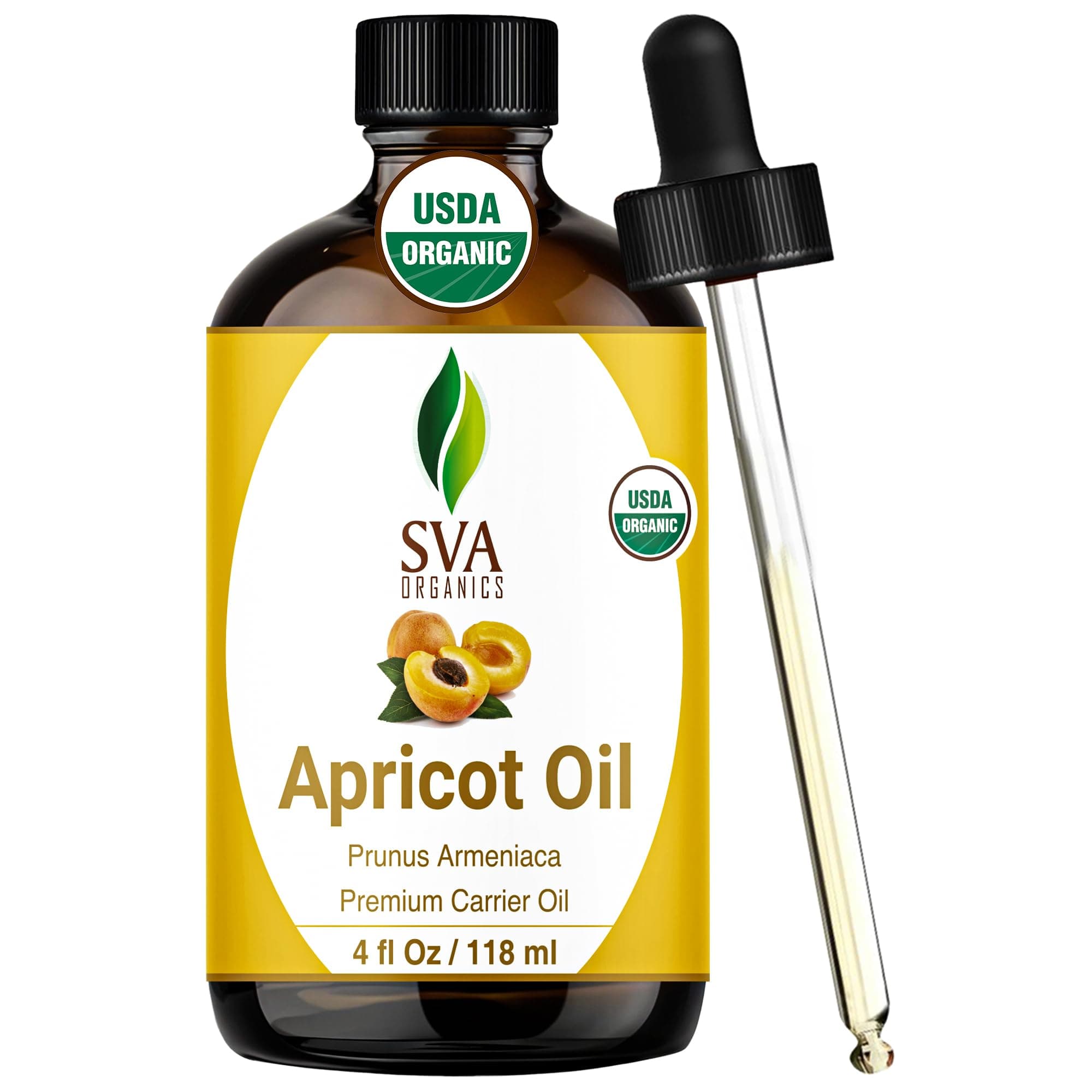 SVA ORGANICS Apricot Seed Oil - 4 Fl Oz – 100% Natural Cold Pressed Apricot Oil - for Face, Skin Care, Hair Care, Scalp Massage & Body Massage – Carrier Oil with Dropper