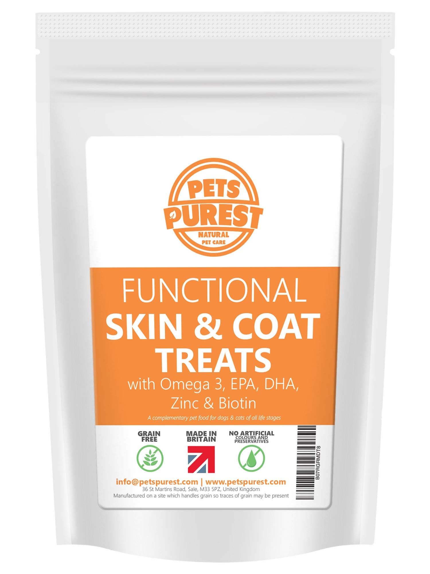 Pets Purest Skin & Coat Supplement Cat Dog Treats - Natural Salmon Oil Hypoallergenic Food Chews for Itchy Dry Skin. Grain Free Omega 3, EPA, DHA & Biotin