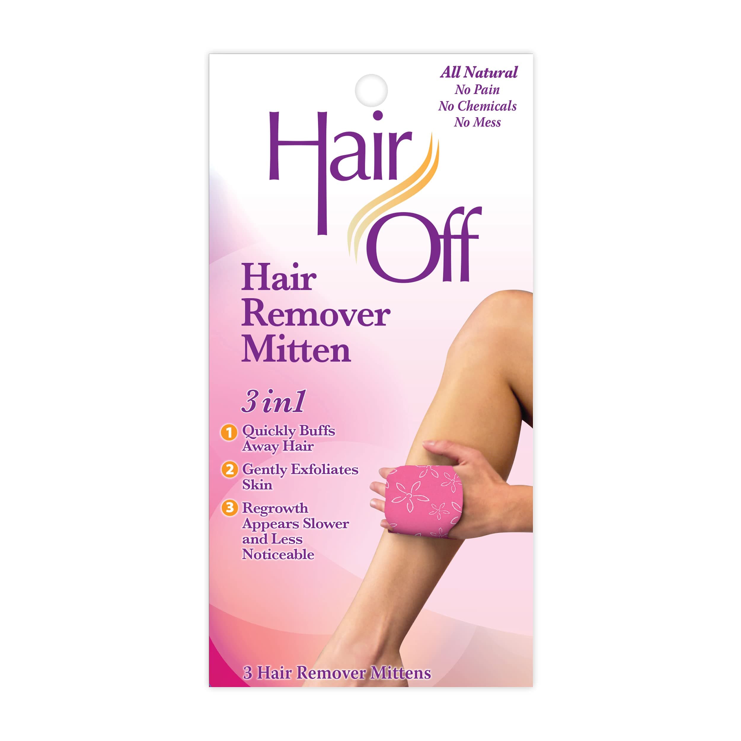 Hair Remover Mitten - All-Natural, Painless & Chemical Free - Full Body Hair Removal - Slows & Lessens Regrowth - Exfoliates Skin (3 Mittens Per Box)