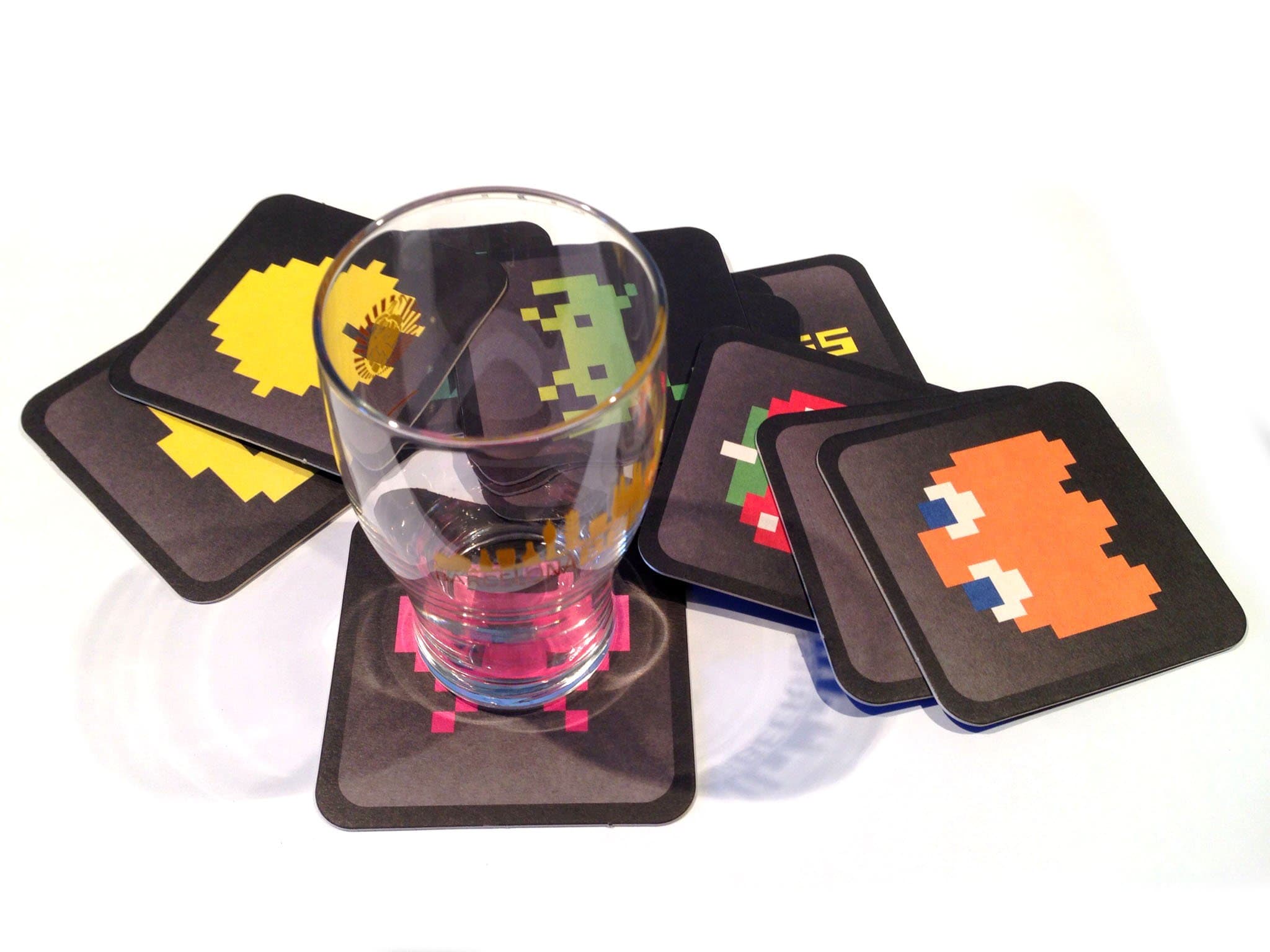 Retro Videogame Coasters Box with 12 colour printed coasters, square, extra thick and absorbent - Size: 9 cm x 9 cm