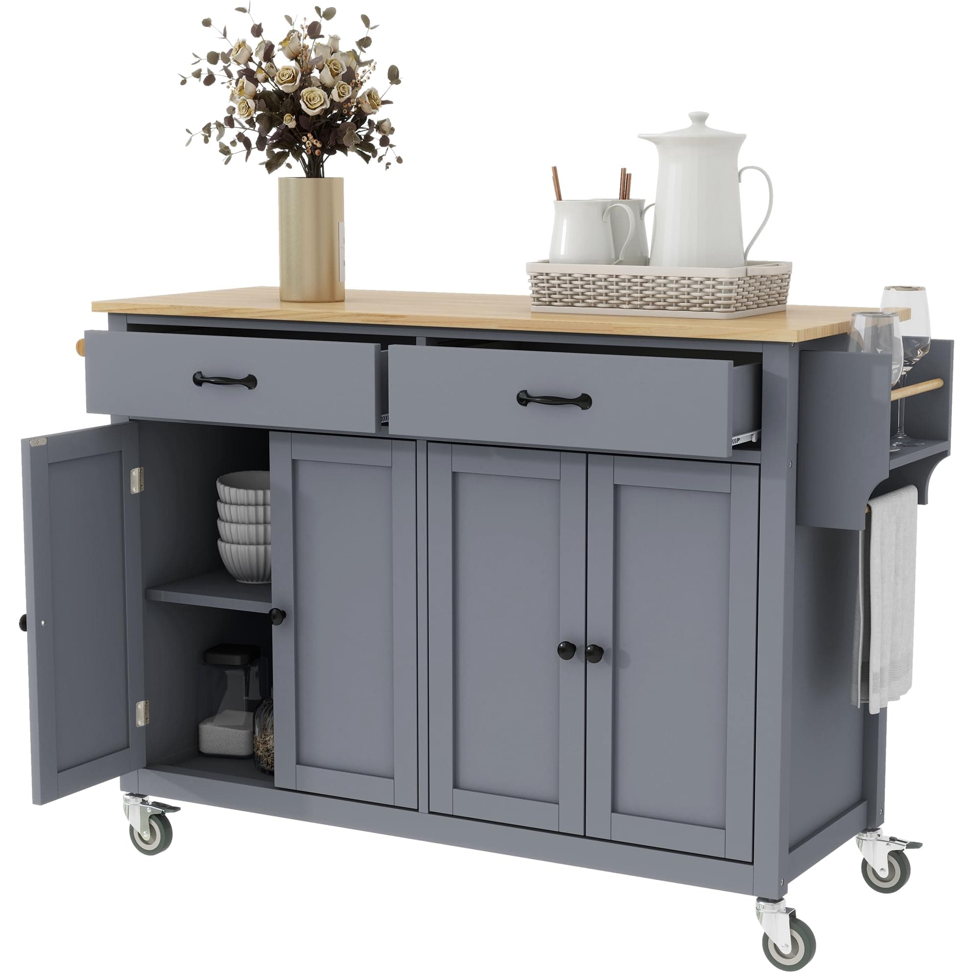 LUMISOL Rolling Kitchen Island with Drawers, Portable Island witth Storage Cabinets, Mobile Kitchen Cart on Wheels with Solid Wood Top, for Dining Room Living Room, Grey Blue