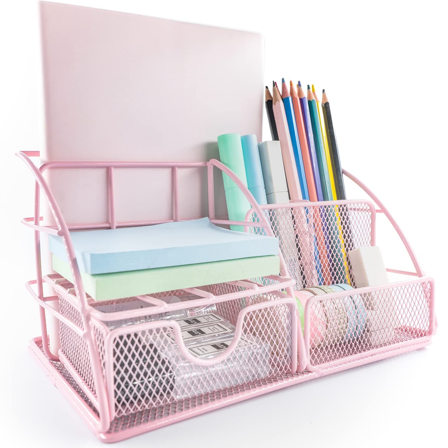 AUPSEN Pink Desk Organizer for Women, Mesh Office Supplies Desk Accessories, Features 5 Compartments + 1 Mini Sliding Drawer