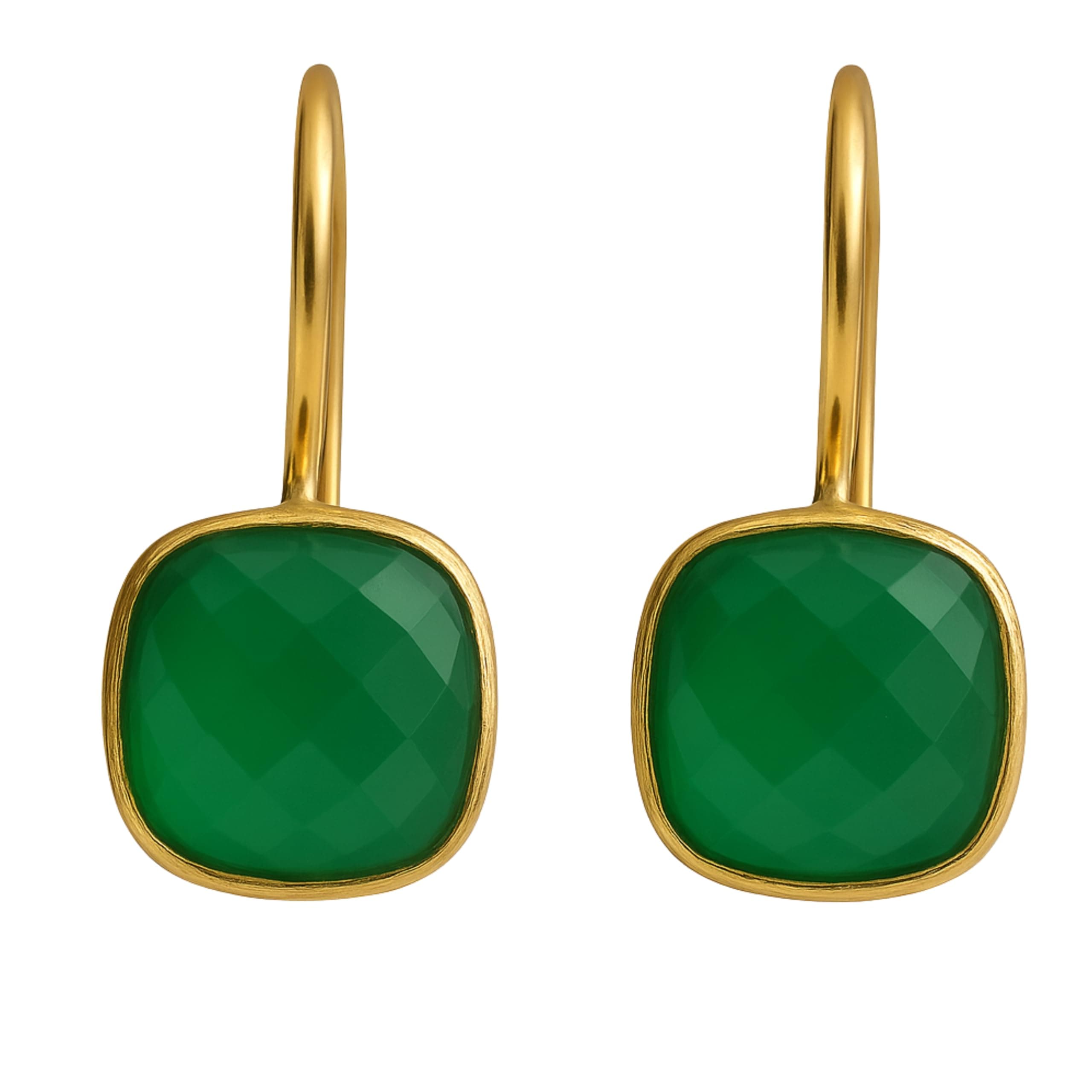 Green Onyx Cushion Cut 10x10mm Drop Earrings - 925 Solid Sterling Silver with 3 Micron Gold Plating - Natural Gemstone, Scandinavian Handmade Fine Jewelry for Women