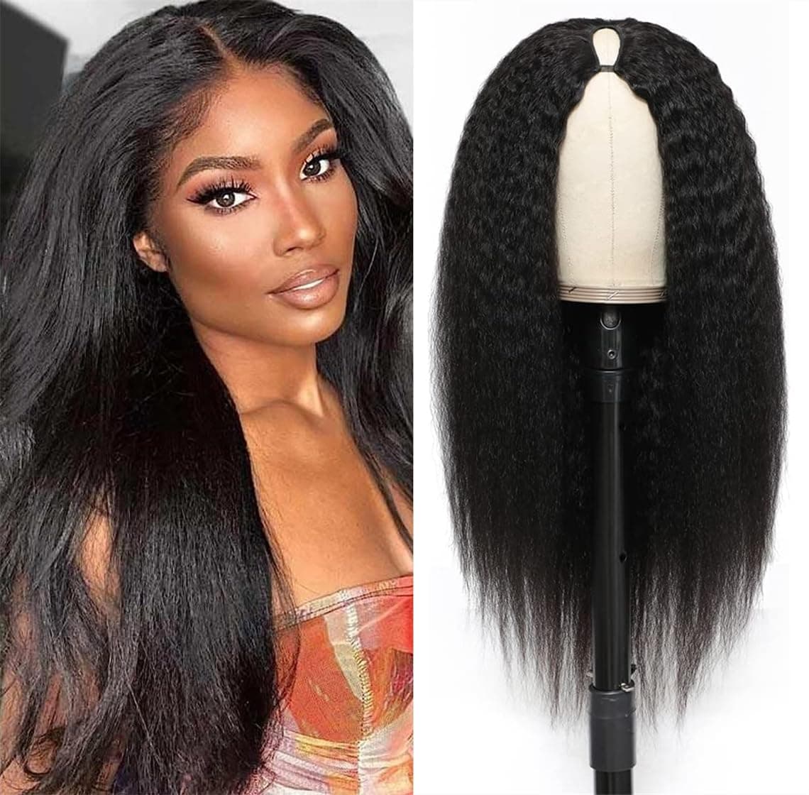 V Part Wig Human Hair 180% Density Kinky Straight V Part Wig Human Hair Upgrade U Part V Shape Wigs Glueless Full Head Clip In Half Wig Kinky Straight U Part Human Hair Wig 20 Inch
