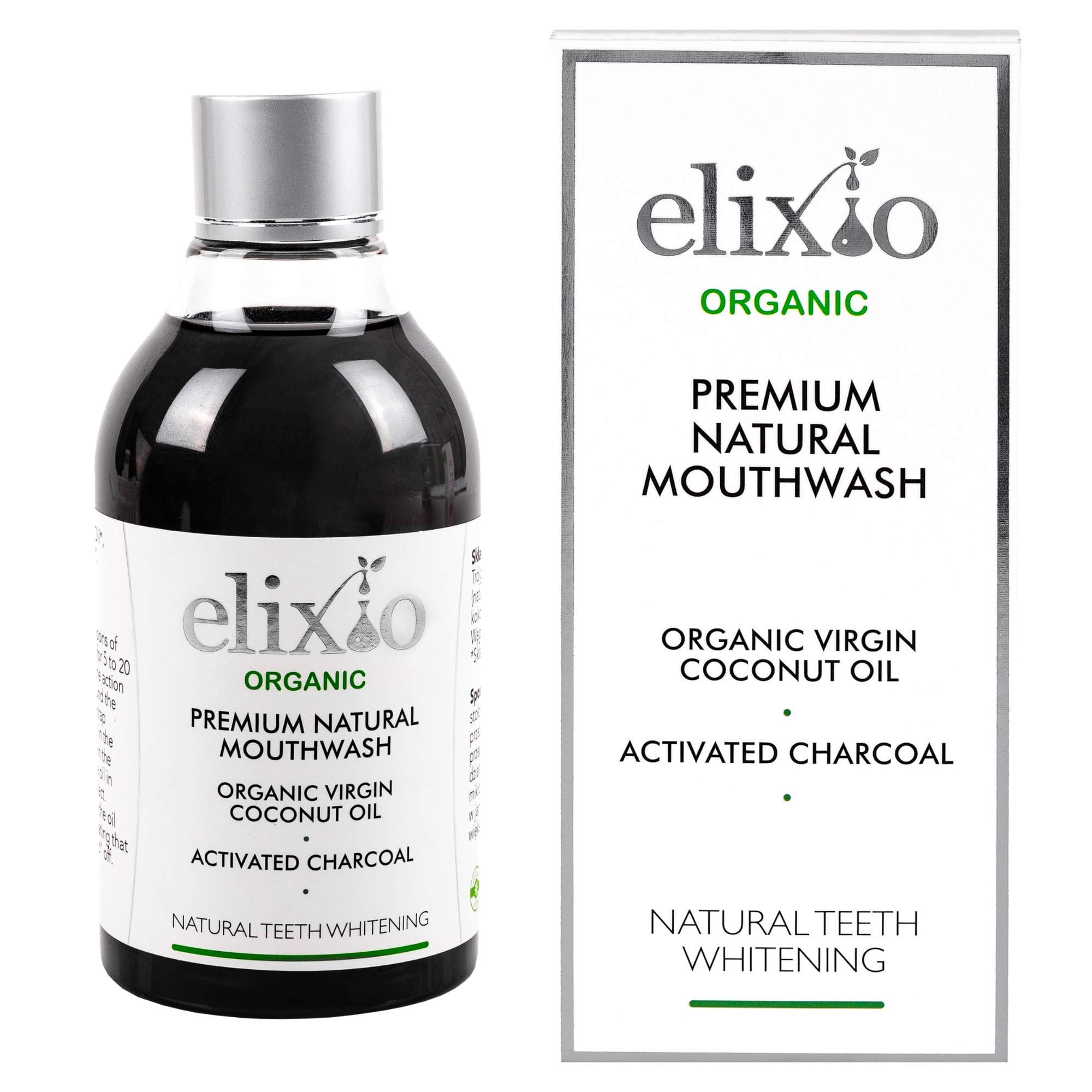 Oil Pulling Mouthwash - Fully Certified | Activated Charcoal and Organic Coconut Oil Blends - Natural Teeth Whitening 200ml Mouthwash | by elixio Cosmetics