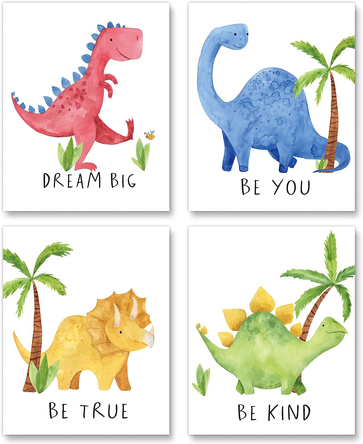Gubrandin Watercolor Dinosaur Art Print Inspirational Quote Wall Art Nursery Bedroom Decoration Funny Animals Plants Poster for Boys or Girls Bedroom (8x10 inch，Set of 4，Unframed)