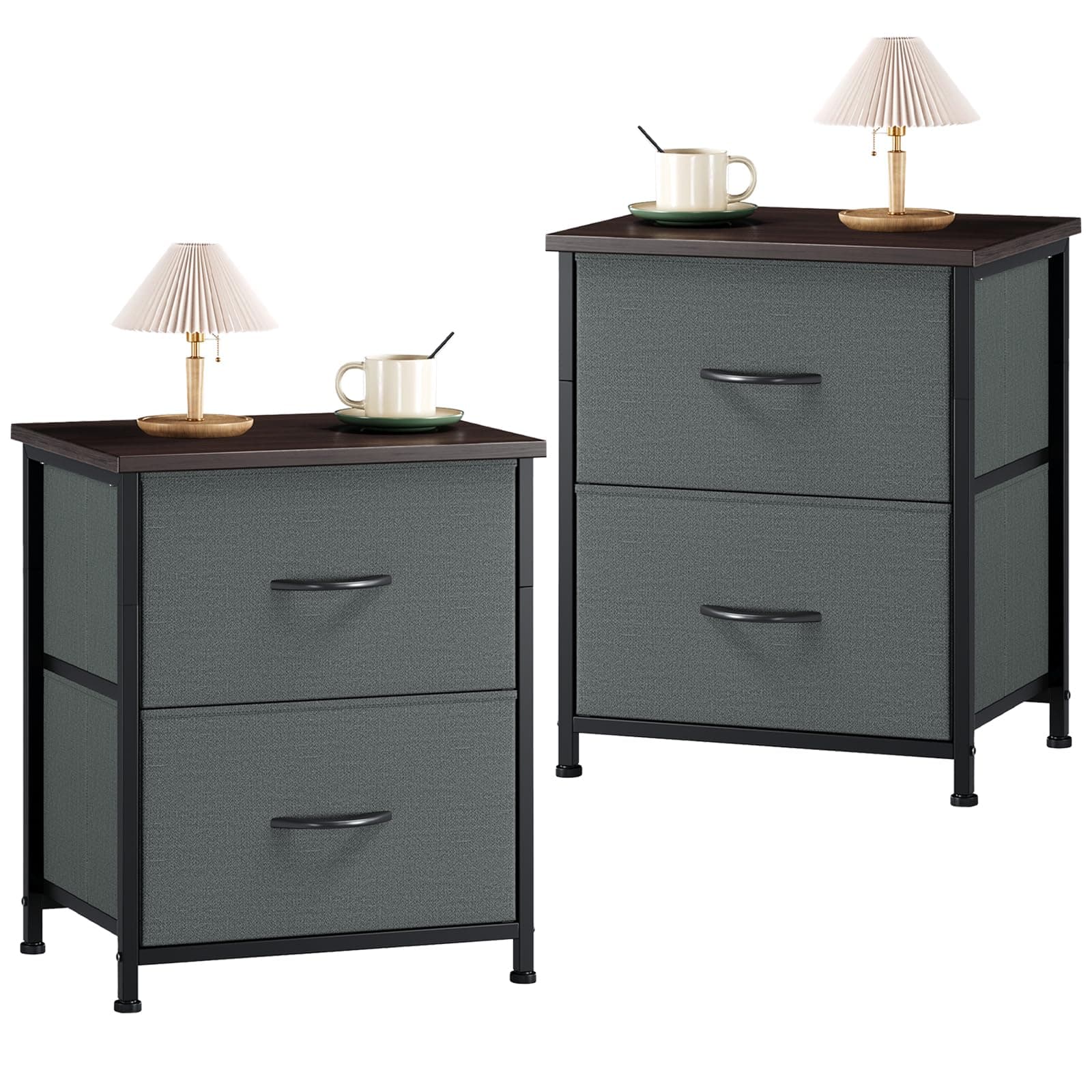 Somdot Bedside Table Set of 2, Bedroom Bedside Cabinet with 2 Fabric Drawers, Nightstand Side Table for Kids Living Room Dorm, Charcoal Grey