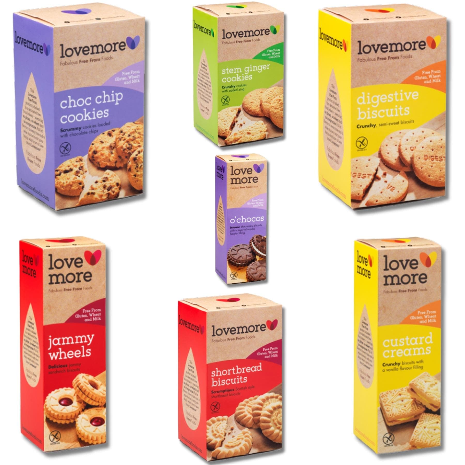 6 Pack Lovemore Gluten-Free Cookies, Biscuit Pick N Mix | Choose From 7 Flavours Choc Chip, Custard Creams, Digestives, Jammy Wheels, O'Chocos, Stem Ginger, Shortbread