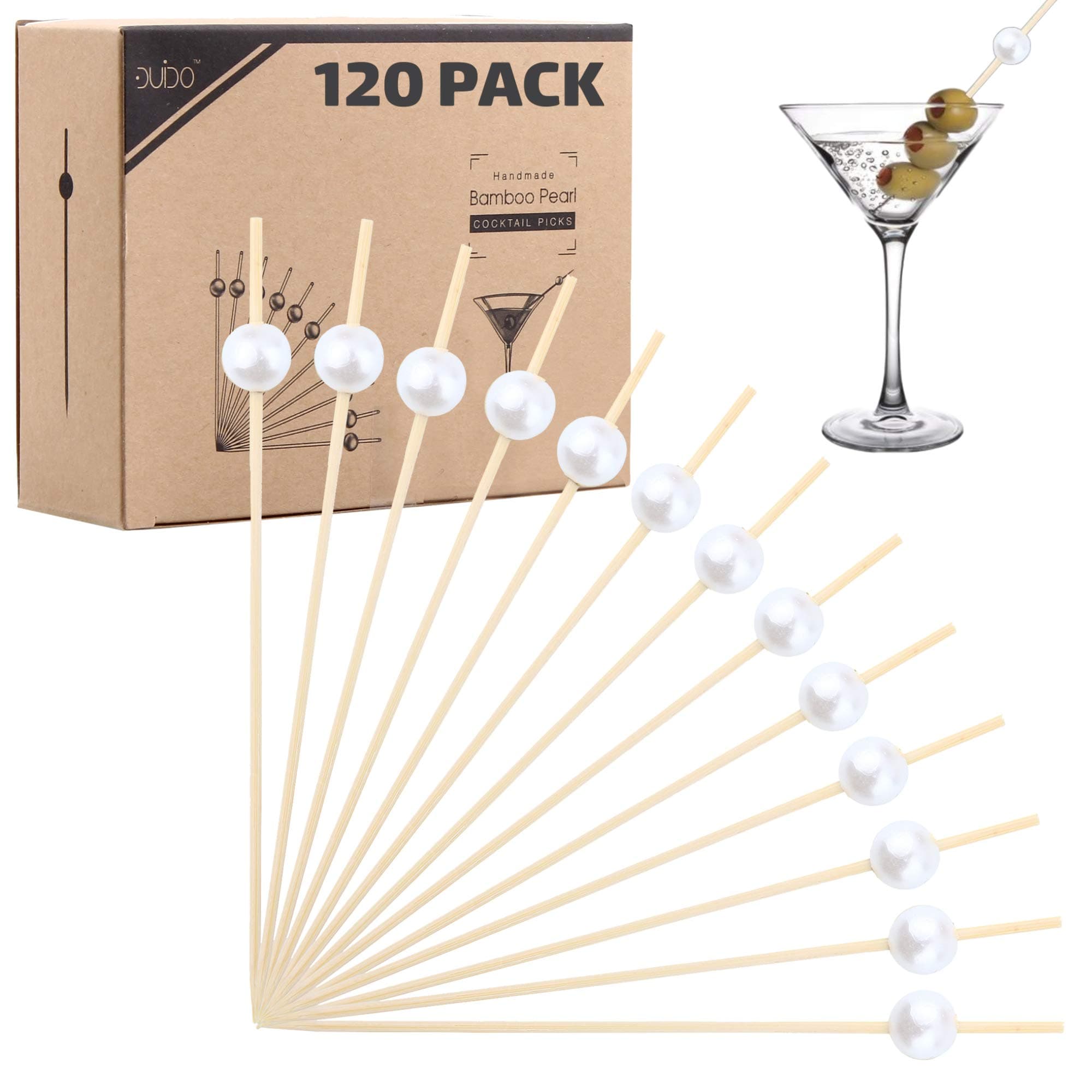 Bamboo Cocktail Picks Skewers Toothpicks - (Pack of 120) 4.75 Inch White Pearl Wooden Frill Tooth Picks for Appetizer Martini Food Garnish Cocktail Sandwich Fruit Kabobs – Catering Weddings Decorative