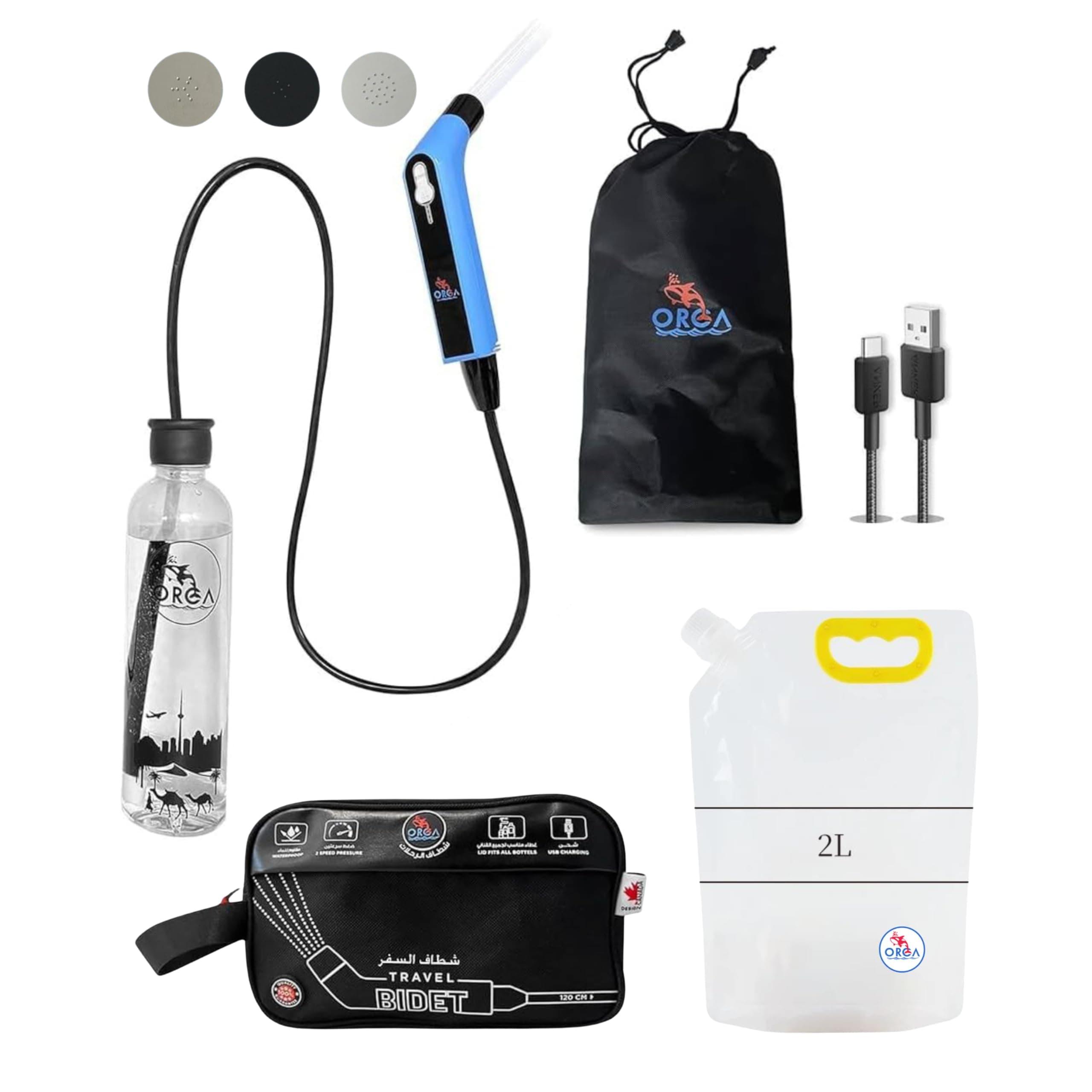 Orca Portable Travel Bidet Bottle Handheld Personal Sprayer, Electric Travel Bidet Camping Bathroom Personal Hygiene Cleaning Baby Care Toilet Sprayer Cleaning + 2 L Pouch