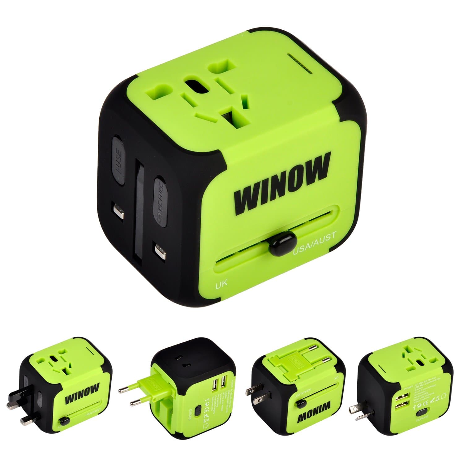 WINOW International Travel Plug Adapter, Worldwide Power AC Wall Charger with Dual USB & USA, UK, AU, EU - Great for iPhone/iPad/Laptops/Samsung/Smartphone,Spare Safty Fuse+Zipper Case (Green)