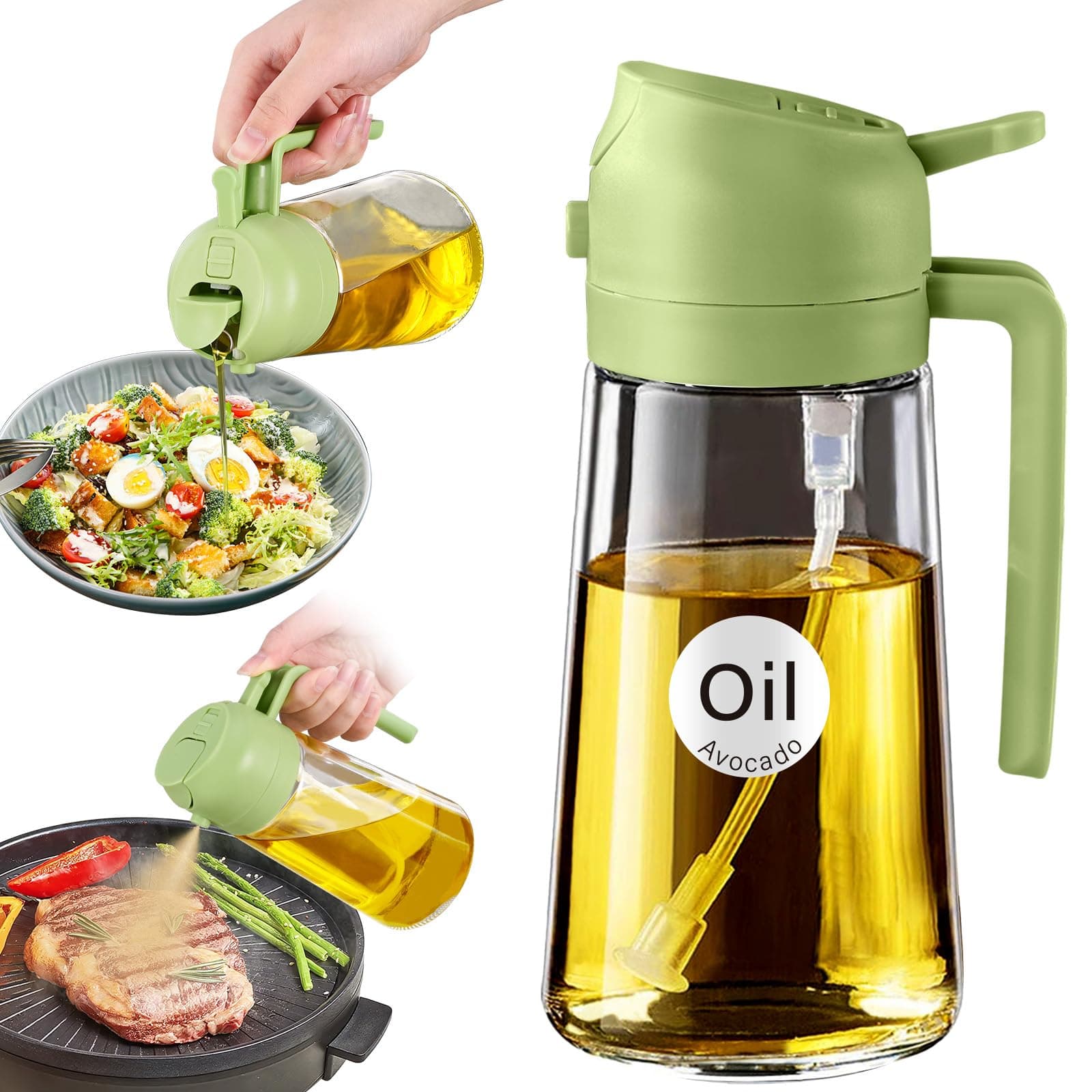 YARRAMATE 16oz/470ml Glass Olive Oil Sprayer for Cooking with Stickers, 2 in 1 Oil Dispenser for Kitchen Gadgets, Food Grade Premium Spray Bottle with Portion Control for Salad, Frying, BBQ (Green)
