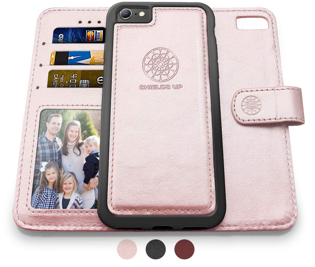 Shields Up Designed for iPhone SE Wallet Case 2022, iPhone SE Case 2020, iPhone 8/7 Wallet Case, Durable and Slim, Card/Cash Slots, Wrist Strap, [Vegan Leather] Cover for iPhone SE3/SE2/8/7 -Rose Gold