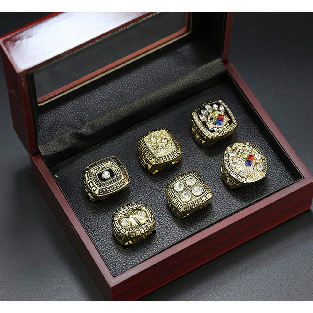 Stylish Simplicity for Pittsburgh Steelers 6 Pieces Championship Ring Set Replica Super Bowl 11 Size Fan Souvenirs Rugby Movement Ring with Wooden Box, OZZKI