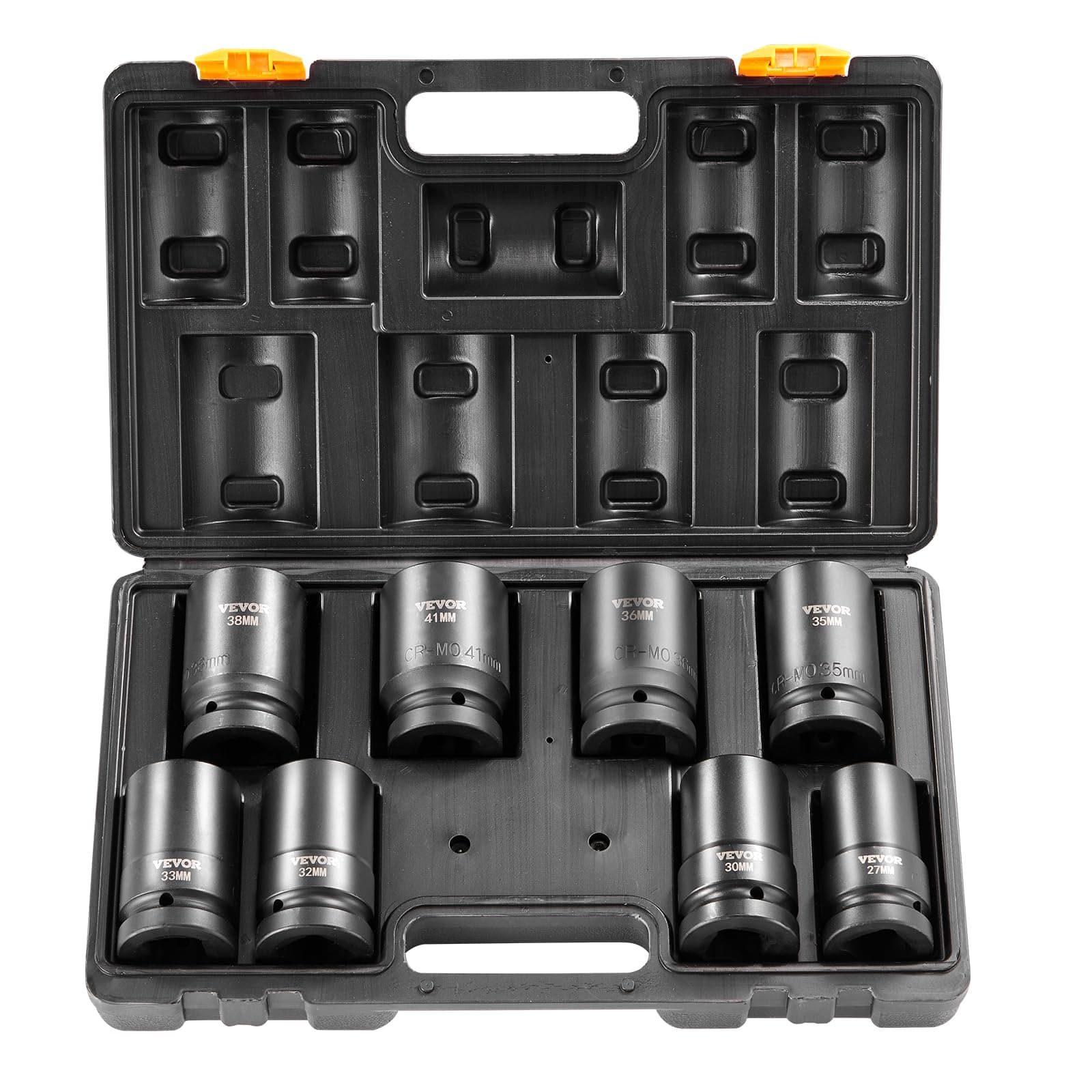 VEVOR 1" Drive Impact Socket Set, 8 Piece Deep Socket Set Metric 27-41mm, 6 Point Cr-Mo Alloy Steel for Auto Repair, Easy-to-Read Size Markings, Rugged Construction, Includes Storage Case