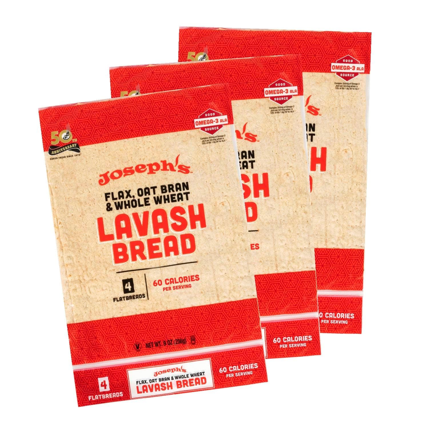 Joseph's Bakery Lavash Bread, Flax Oat Bran & Whole Wheat, Reduced Carb, Fresh Baked (12 Count Flax)