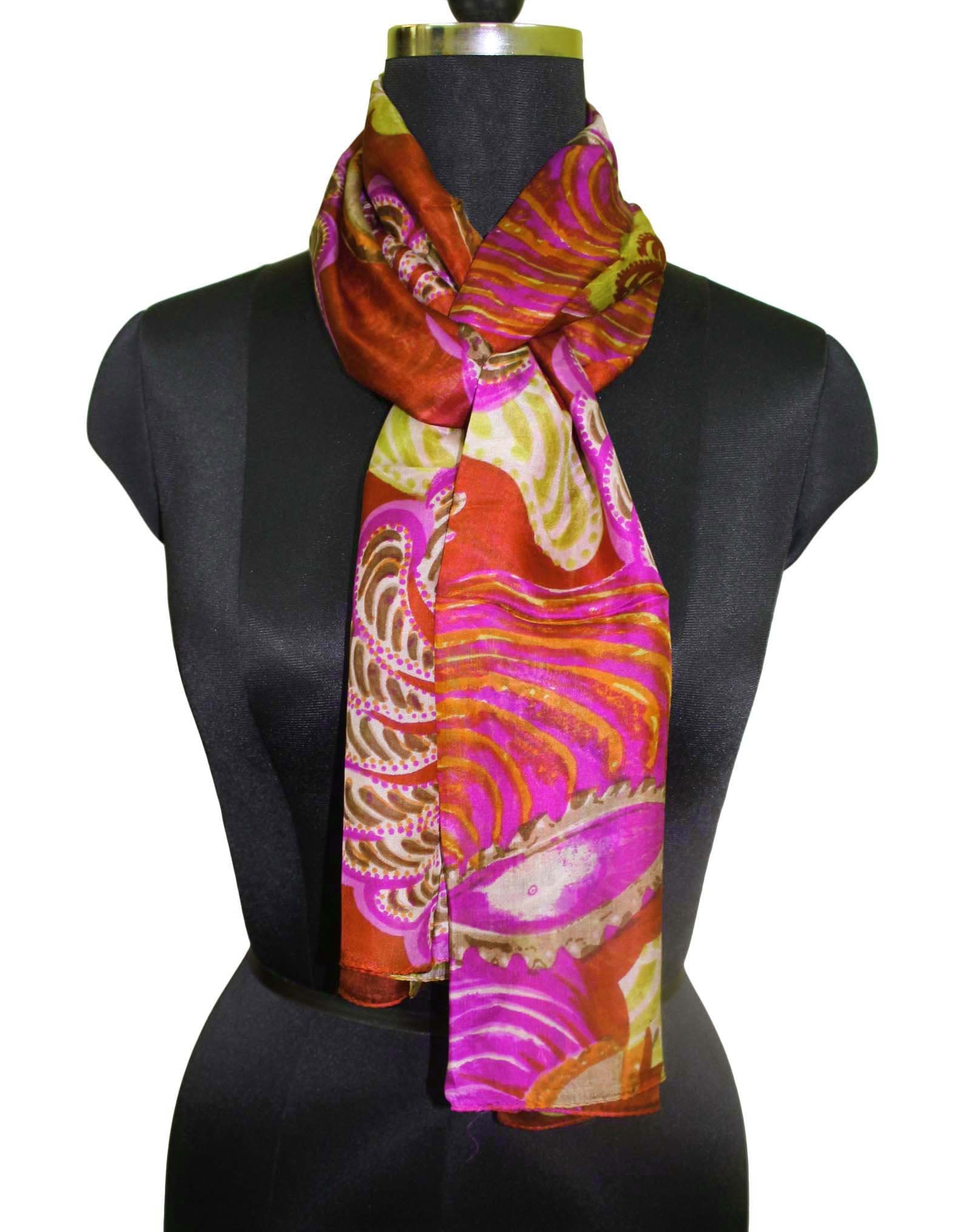 Indian Long Scarf 100% Pure Silk Soft Scarves Floral Printed Fabric Pink Women’s Fashionable Summer Muffler Dress 72” x 20” Head Hijab