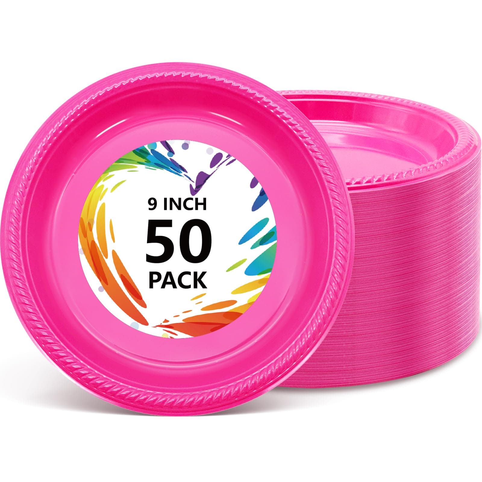 50 Count Hot Pink Plastic Plates Disposable - 9 Inch Hot Pink Heavy Duty Plastic Dinner Plates for Birthday Wedding Valentines Day Party