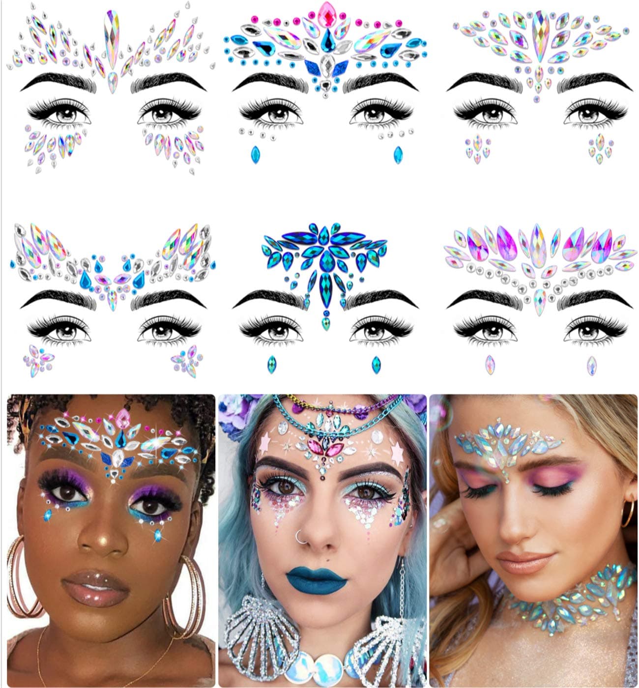 iMethod Mermaid Face Jewels - Stick On Gems, Rave Accessories for Festival & Holiday Costumes, 6 Pcs, Multicolored