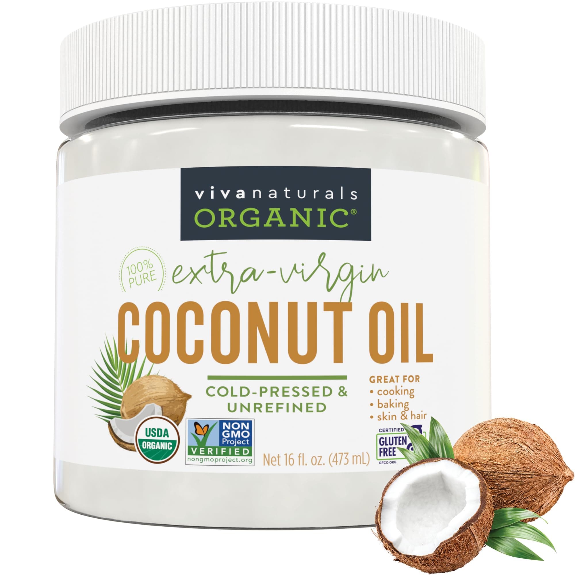 Viva Naturals Organic Coconut Oil, Cold-Pressed - Natural Hair Oil, Skin Oil and Cooking Oil with Fresh Flavor, Non-GMO Unrefined Extra Virgin Coconut Oil (Aceite de Coco), USDA Organic, 16 oz