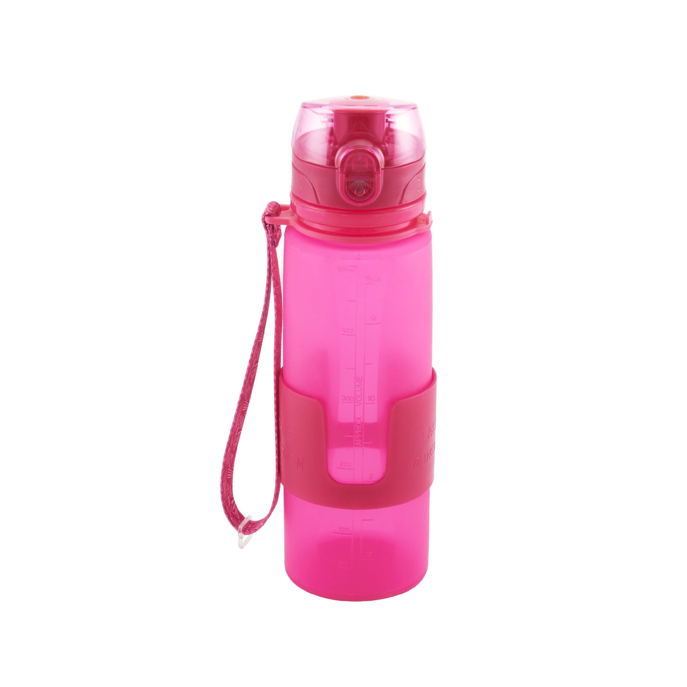 Design for Living 5141332 Silicone Water Bottle with Flip Top Lid and Strap, 16-Ounce, Pink