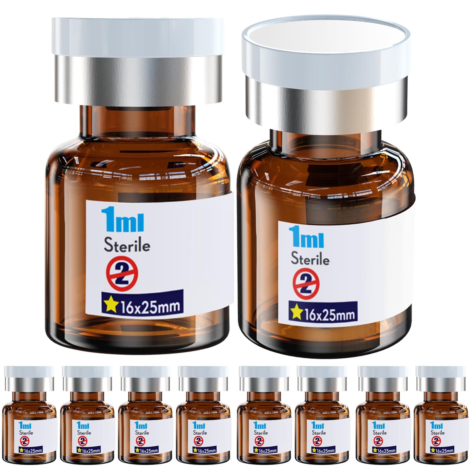 Ks-Tek Sterile Empty Vials with Self-Healing Inlets, Aluminum Plastic Cap, Sterile Packaging (10, 1ml Amber)