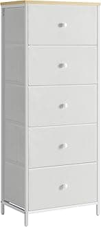 SONGMICS Chest of Drawers Bedroom, Drawer Storage Unit, Dresser with 5 Fabric Drawers, Metal Frame, Tall and Slim, for Closet, Camel Yellow and Cream White LTS315W01