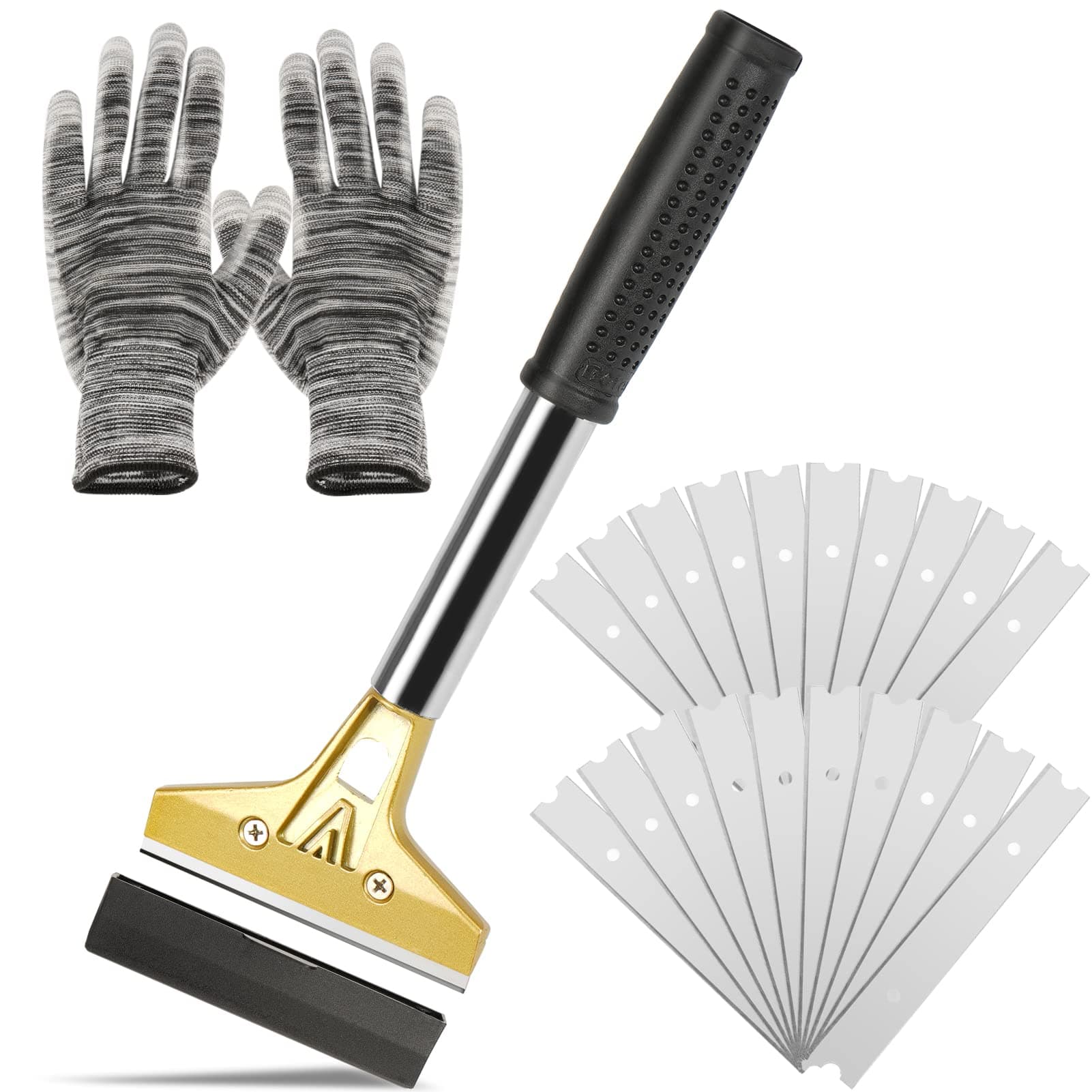 Razor Blade Scraper,Floor Scraper Tool with 20PCS Extra Blades,Paint Scraper Ideal for Cleaning Stove Top,Windows,Glass,Tiles,Wall,Labels.(4 in,Metal)