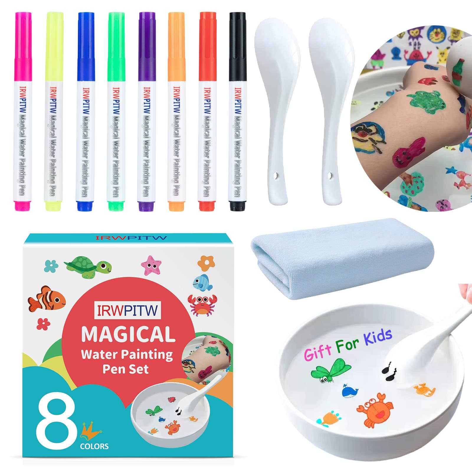 IRWPITW Magic Drawing Pen Bundle, 8 Colors Magical Water Painting Pens for Kids, Kiddies Create Magic Pen Floating Ink Drawings Set with Spoons and Towel, Tattoo Water Marker Gifts for Boys and Girls