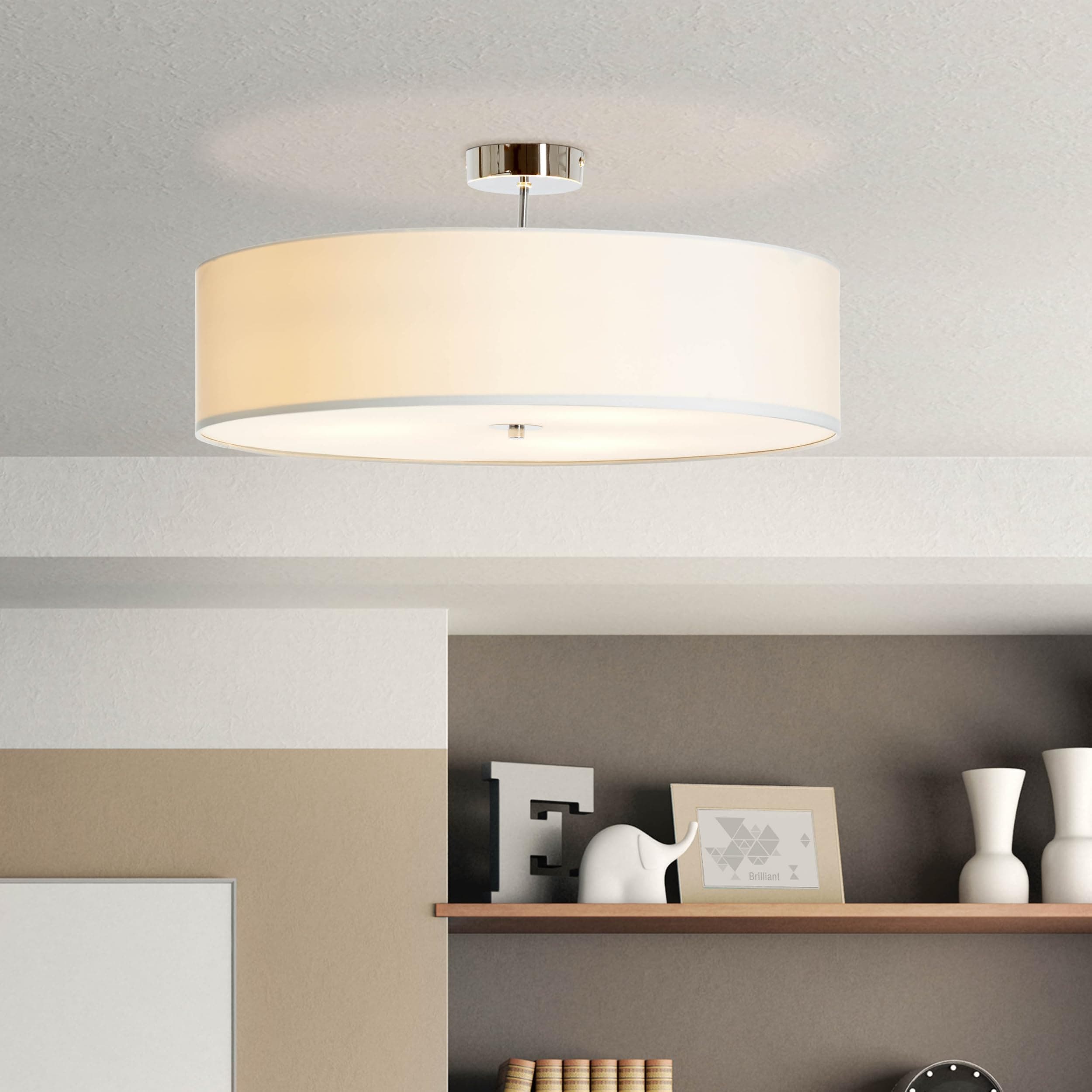 Modern 3-Bulb Ceiling Light with Textile Shade, 3 bulb, Diameter: 60 cm, Uses 3 x E27 Bulbs, 60 W Maximum, Metal / Textile, Chrome and White [Energy Class A++]