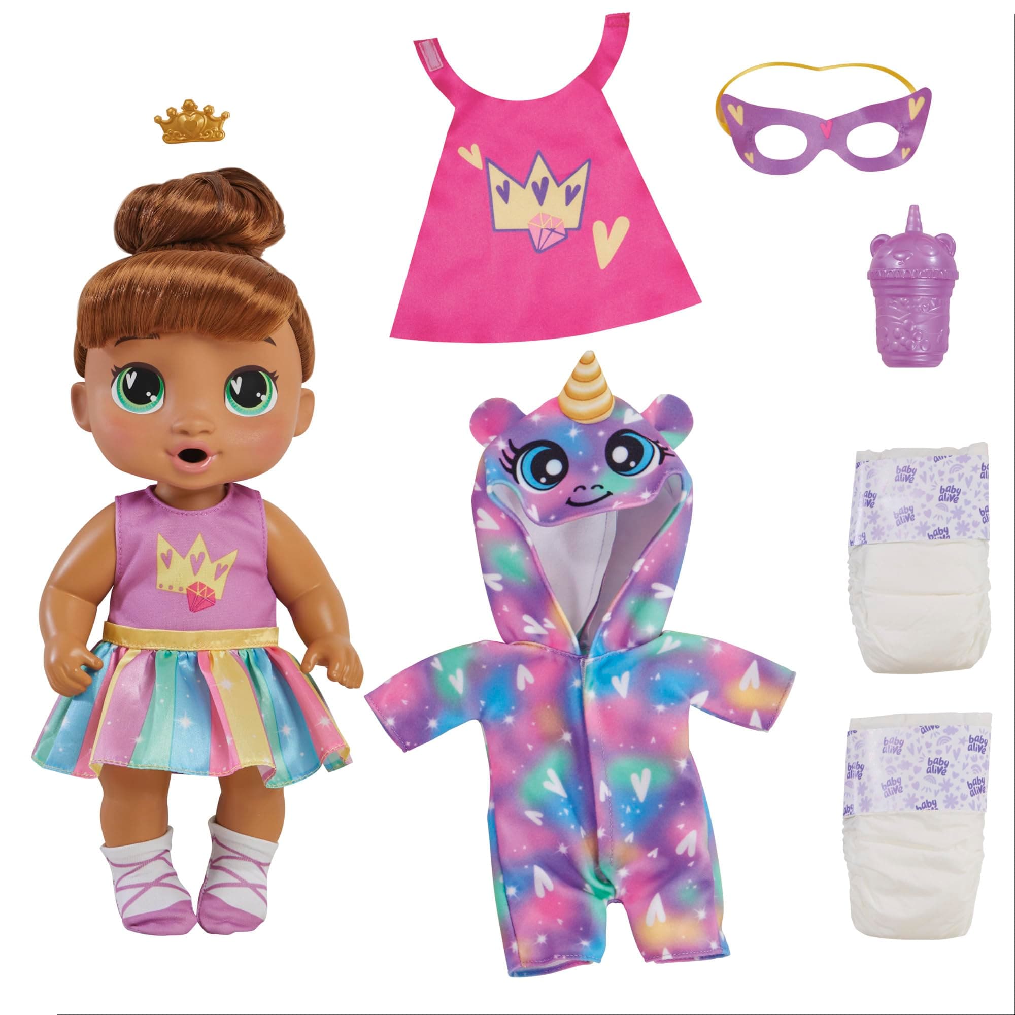 Baby Alive Super BFF Sofia Sparkle Brown Hair Dress Up Baby Doll Playset, 11 Inch Toys for Girls & Boys Ages 3+ (Amazon Exclusive)