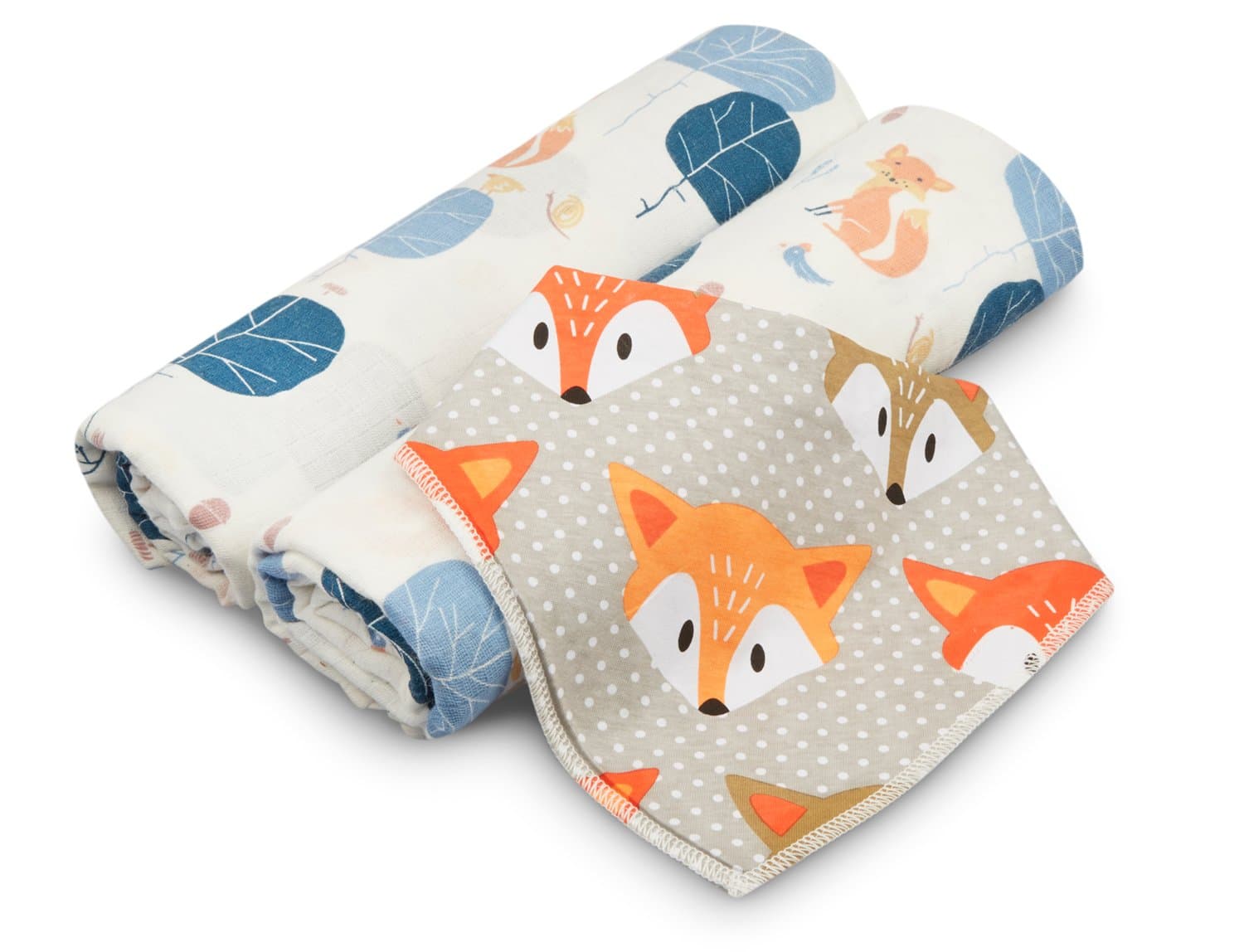 Soft Organic Muslin Blanket with Free Matching Bib for Newborn to Toddler by Sabai Sabai, Set of 2 Friendly Fox (120cm x 120cm)