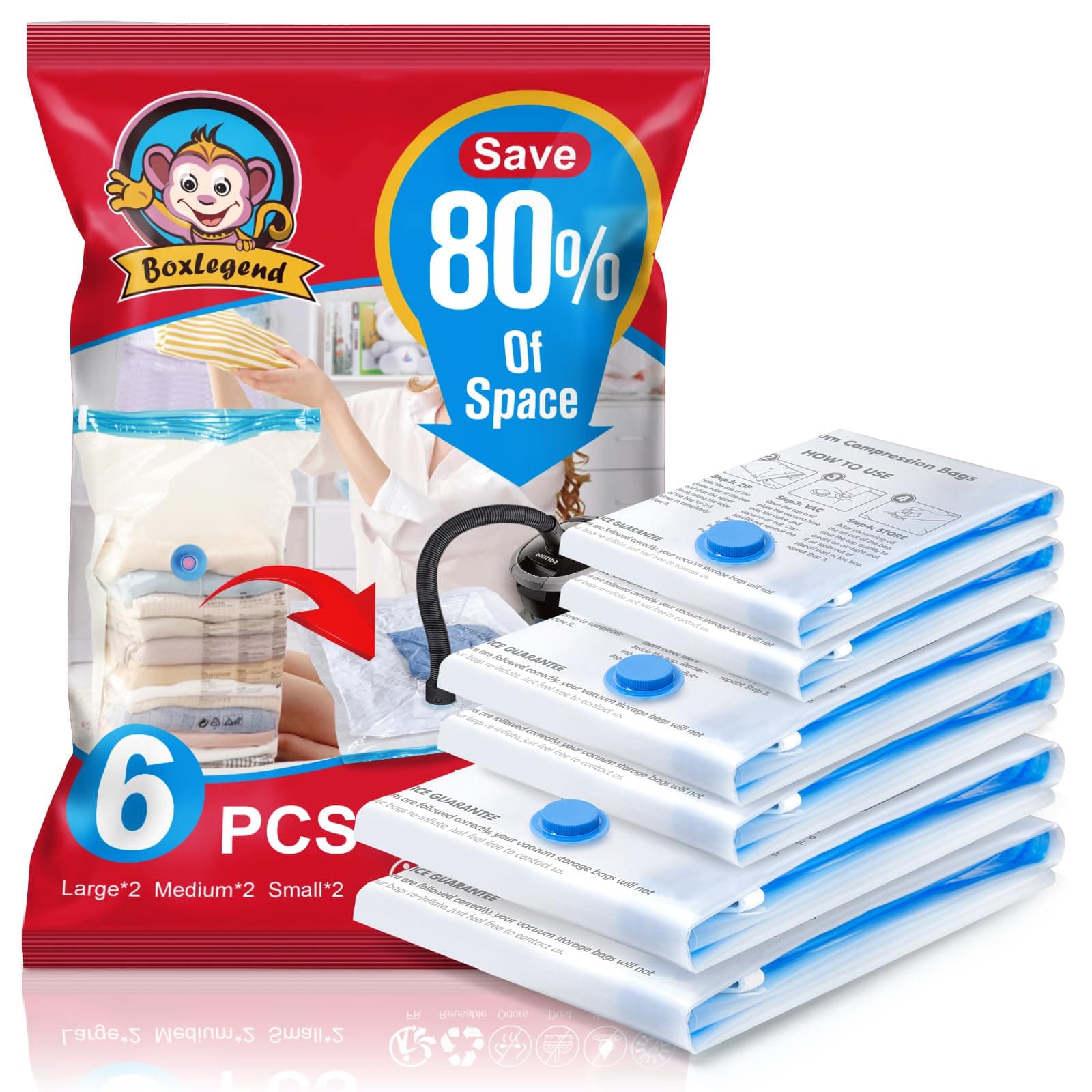 BoxLegend Vacuum Storage Bags 6 Pack Space Saving Bags 2 Jumbo 100x80cm + 2 Large 80x60cm + 2 Small 60x40cm Vacuum Bags Double Zip Seal & Leak Valve Reusable for Clothes Pillow Comforters Bedding