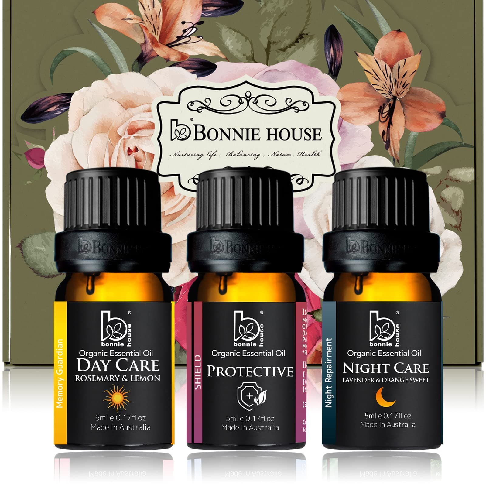 B BONNIE HOUSE Organic Essential Oil Blends (3 Pack Gift Set) - 100% Pure Aromatherapy Oil for Diffusers - Day Care, Protective, Night Care with Lemon, Rosemary, Lavender, Orange, Tea Tree, Eucalyptus