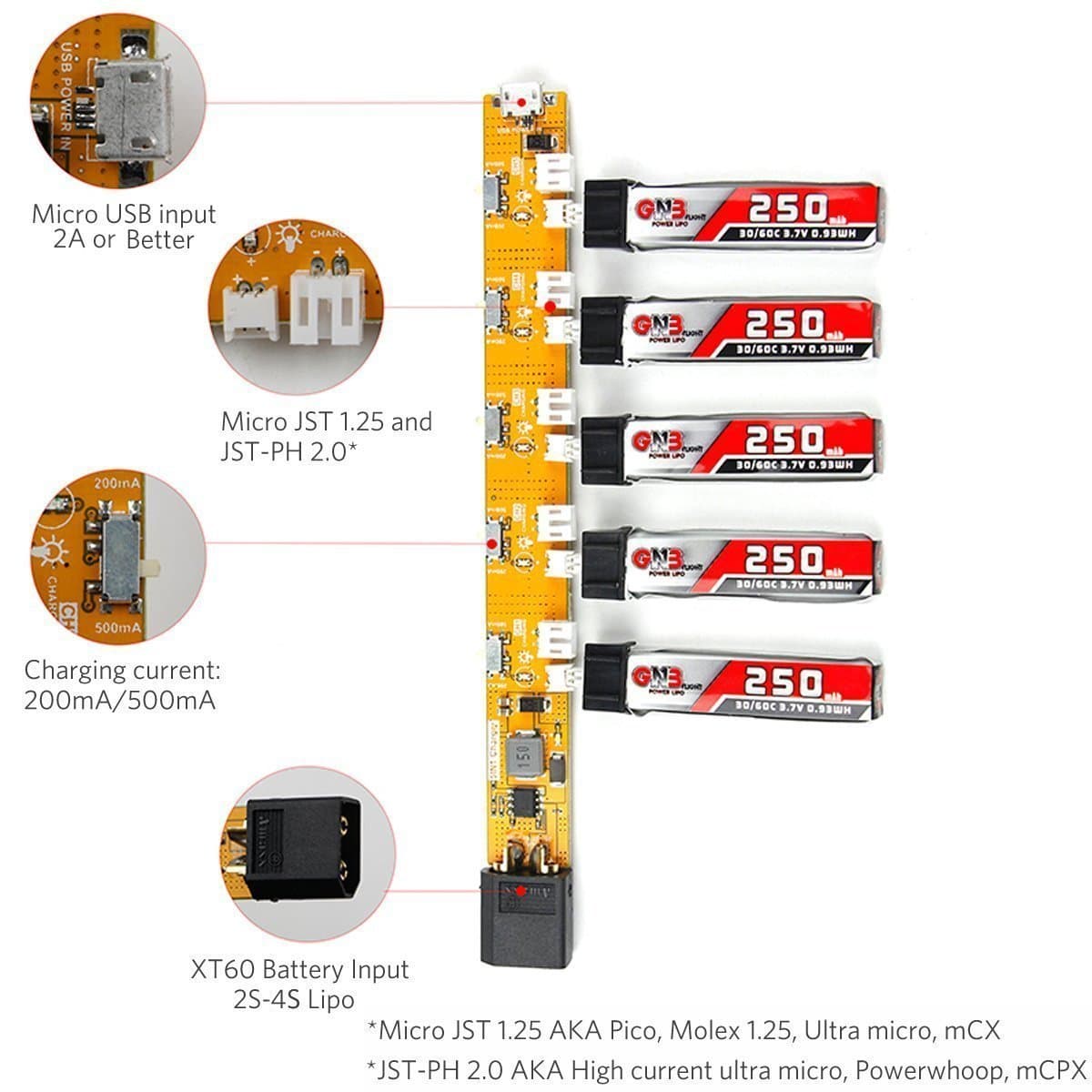 1S LiPo Battery Charger Micro JST 1.25 JST-PH 2.0 with JST Micro Losi Cable for Blade Inductrix Tiny Whoop mCX mCPX