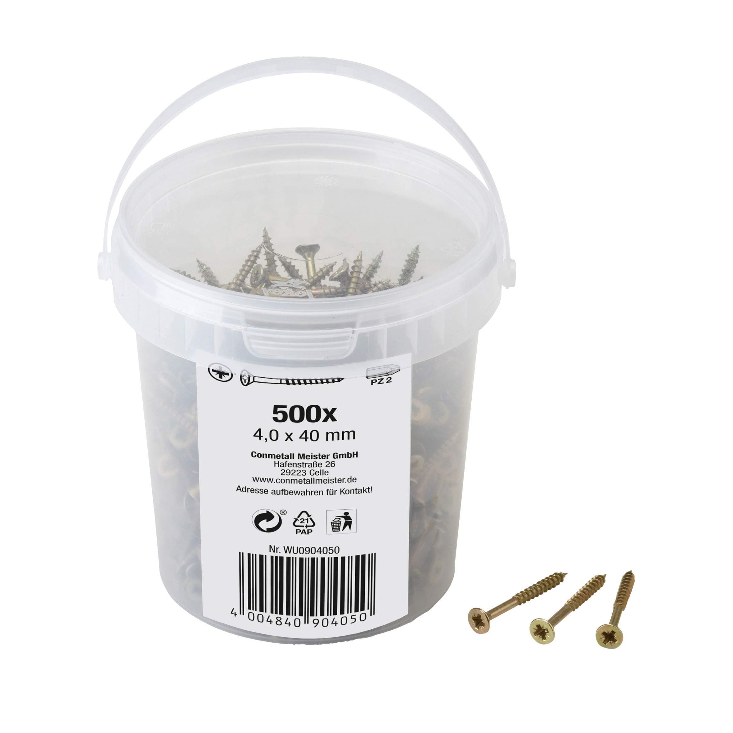 Meister 904050 Universal Screws 4.0 x 40 mm Set of 500 Countersunk Head Pozidriv Drive Partial Thread Yellow Galvanised Screw Set Screw Bucket