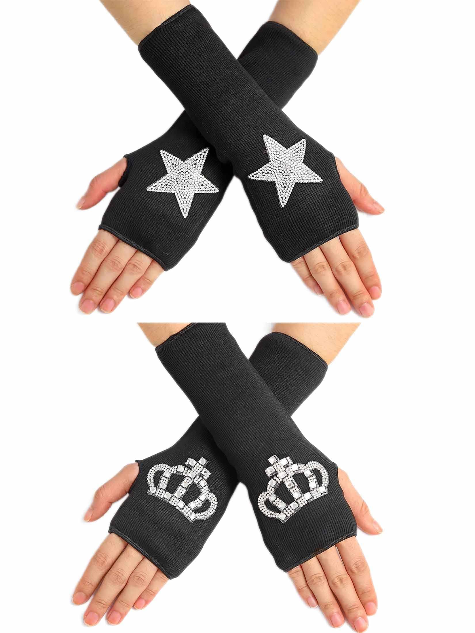 FormeryStars Knitted Wrist Warmers Black Sparkly Rhinestone Winter Short Fingerless Gloves Crown Stretchy Knit Glove with Thumb Hole Typing Nightclub Party for Women and Girls (Pack of 2)