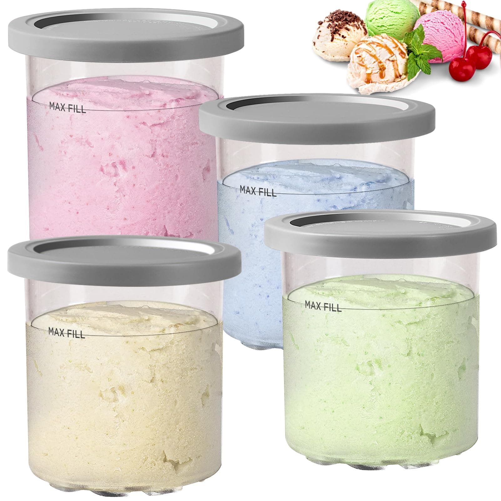 BYKITCHEN Creami Tubs for Ninja CREAMi Ice Cream Maker NC300UK, Ice Cream Containers with Lids, Ice Cream Maker Tubs, Pack of 4, Creami Accessories/Pots Compatible with Ninja Creami NC300UK