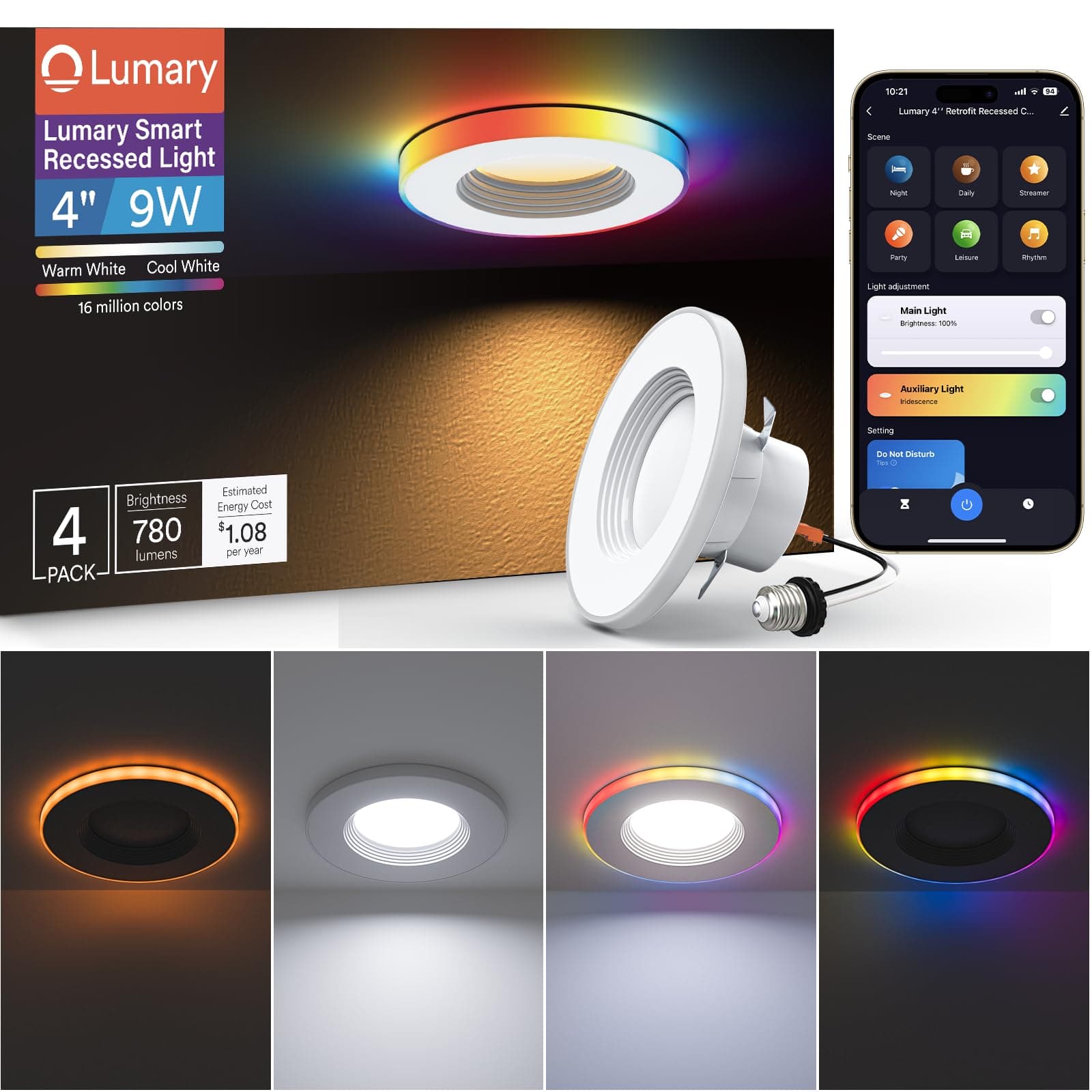 Lumary Smart Led Recessed Lighting Retrofit Max 4 Inch 4 Pack, Wi-Fi Bluetooth Direct Connect Party Lights LED Downlight, RGBAI Recessed Lights Work with Alexa & Google Assistant, 780 Lumen