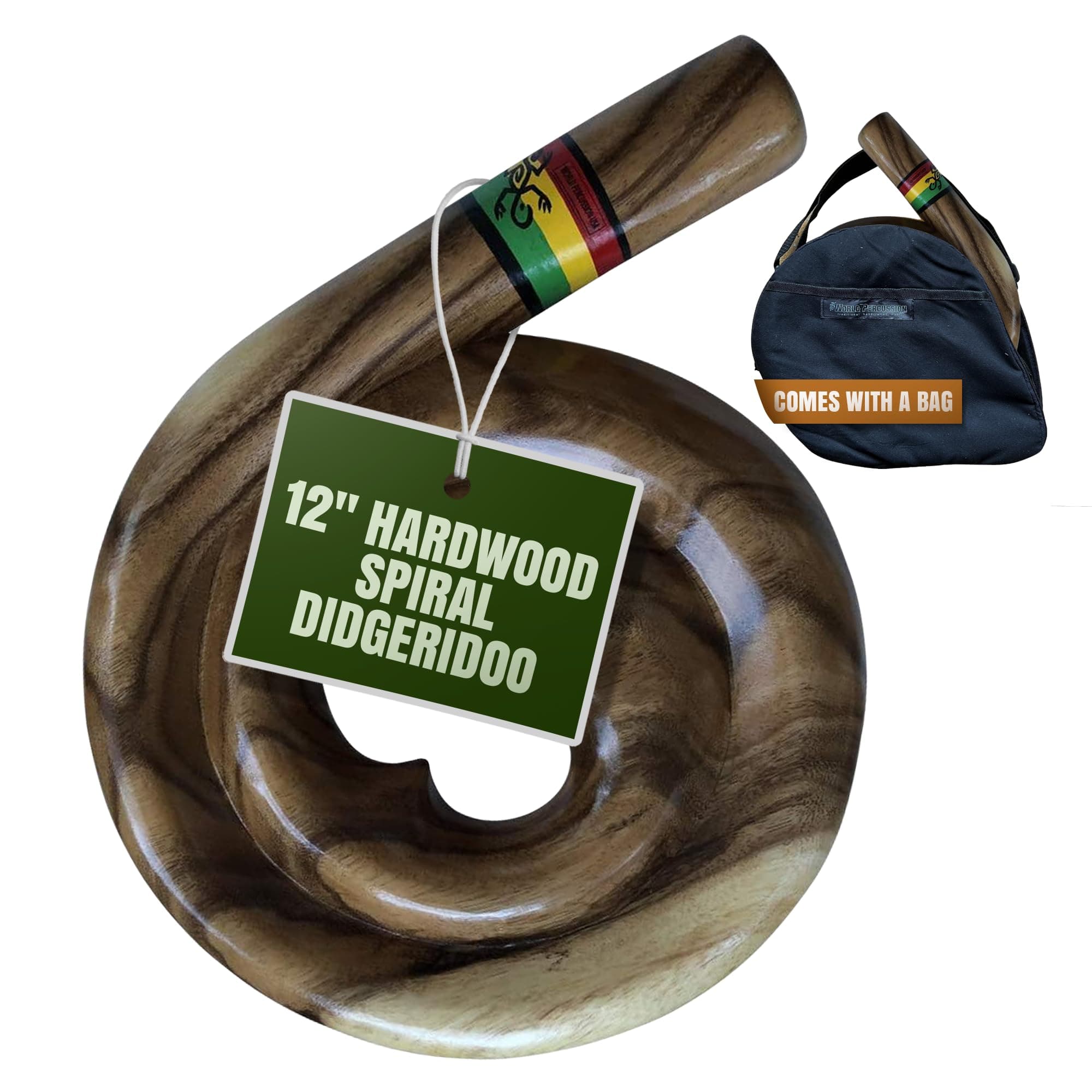 World Percussion USA Hardwood Spiral Didgeridoo Instrument - Compact Travel Didgeridoo Musical Instrument, Natural Wood Grain Finish, Rasta Gecko Stripe, Circular Breathing, Lightweight & Portable