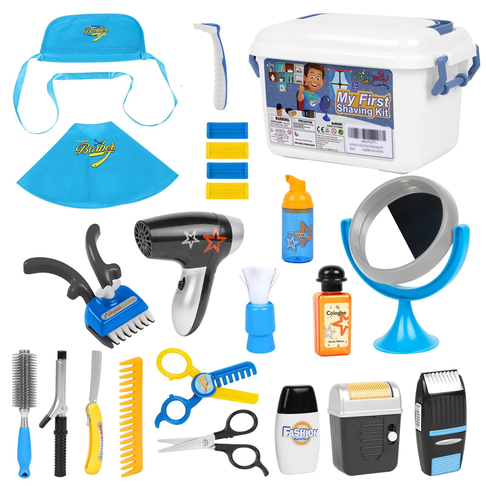 Gifts2UMy First Shaving Kit for Boys, 22 Pcs Kids Barber Set Toy Pretend Play Hair Salon Playset with Shaver, Blow Dryer, Scissors, Razors & Styling Shawls Costume for Kids Ages 3 Years and up