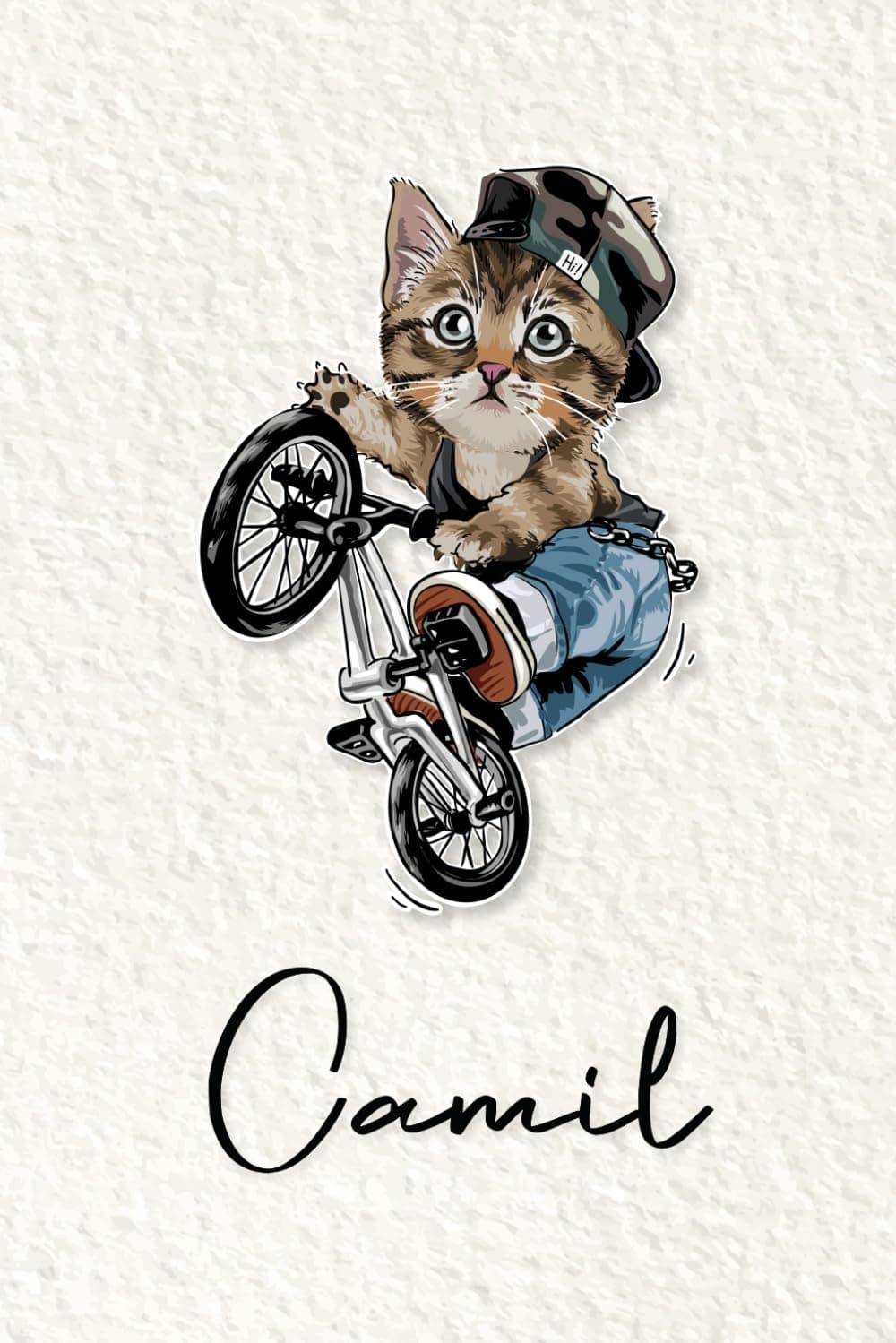 Camil: Cahier personnalisé avec prénom Camil | Cadeau d'anniversaire pour enfant, garçon, homme, copain ... | Chat à bicyclette | 110 pages lignée, Petit Format 6x9 pouces (15,24 x 22,86 cm)