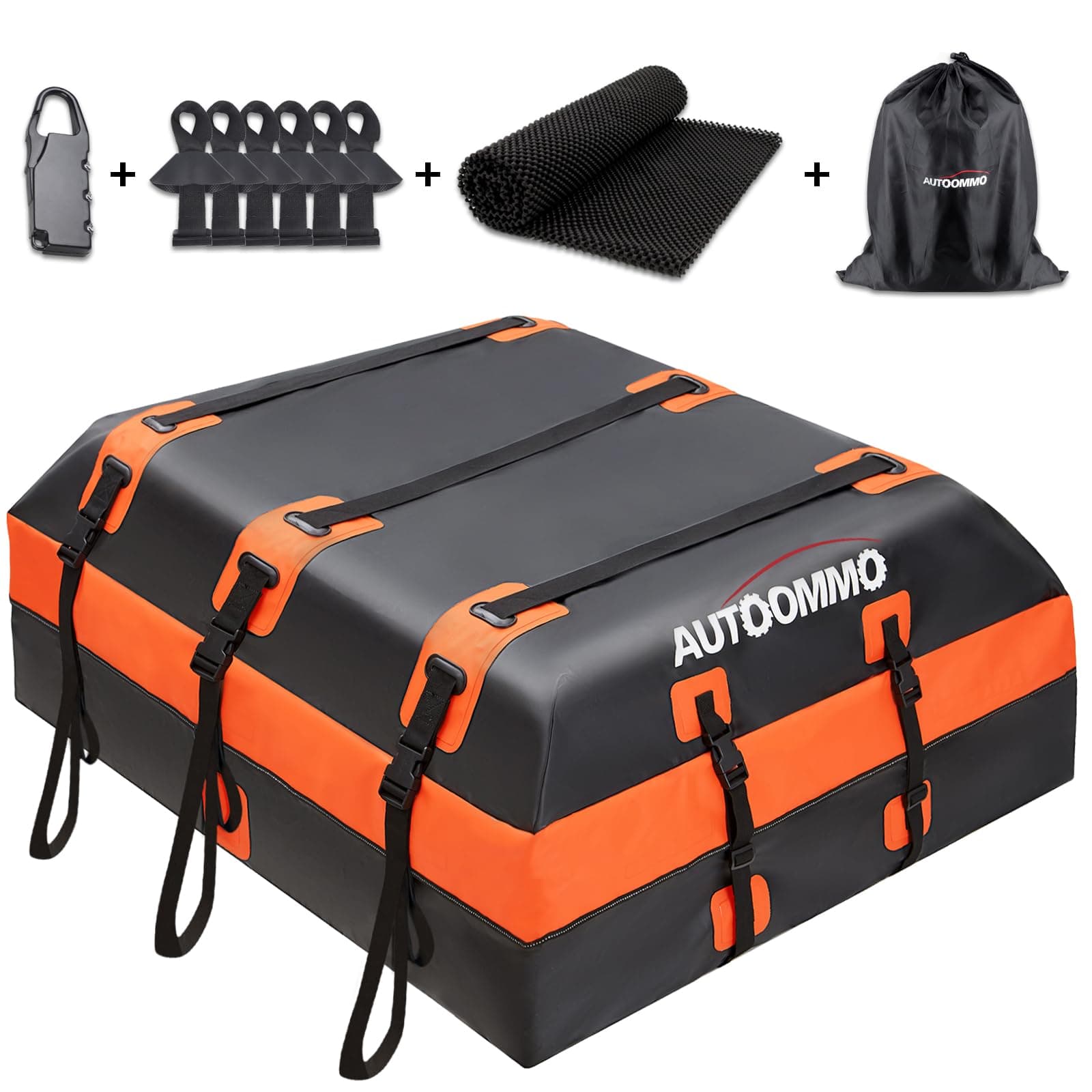 AUTOOMMO 19 Cubic Rooftop Cargo Carrier, Waterproof & Strength Anti-Tear Car Roof Top Carrier, 10 Heavy-Duty Straps for All Vehicles with/Without Rack, Includes Anti-Slip Mat,6 Door Hooks,Luggage Lock
