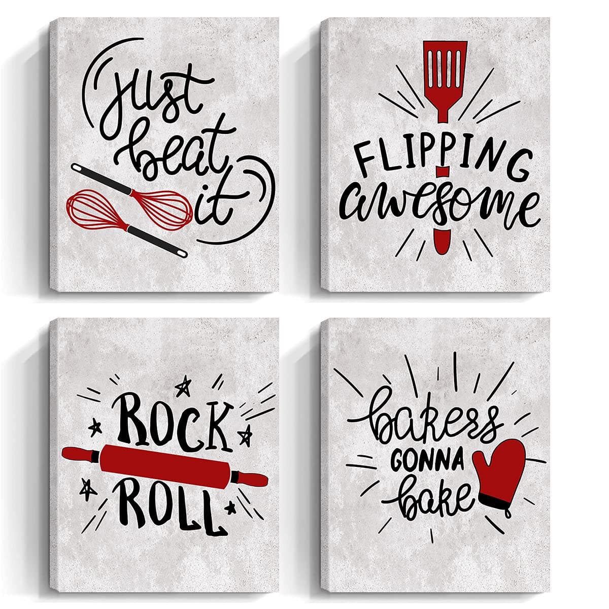 Quotes Kitchen Canvas Wall Art - Red,Black and Gray Fun Inspirational Bakery Decor Prints Posters - Restaurant Cafe Bar Baking Framed Decorations Picture, Set of 4, 8"x10"