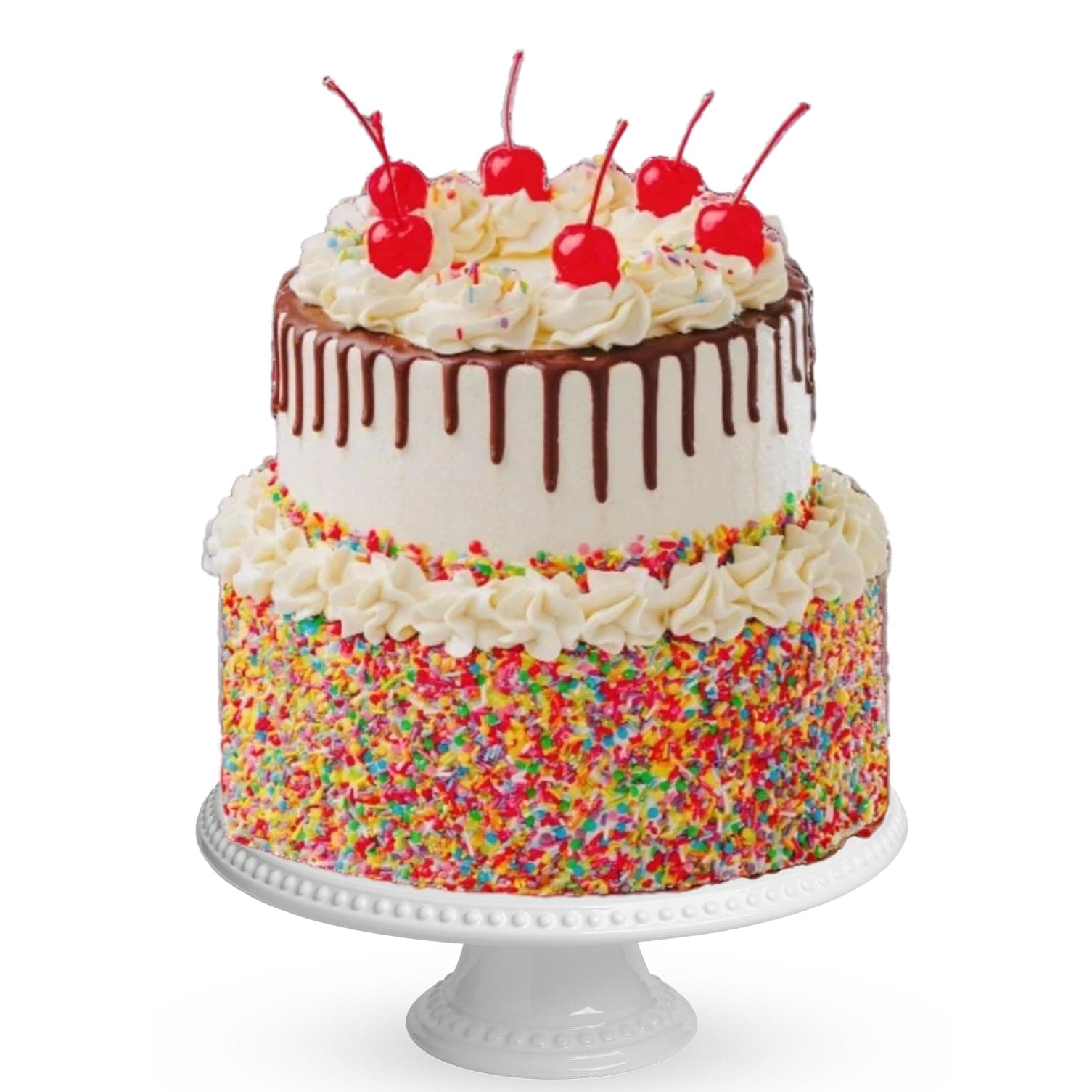 Ice Cream Sundae Birthday Cake 8" 2 Tier – Fresh Cakes For Delivery - Chocolate Ganache Drip, Sprinkles & Cherry – Fresh Cream & Strawberry Compote Filling – Serves 20-24